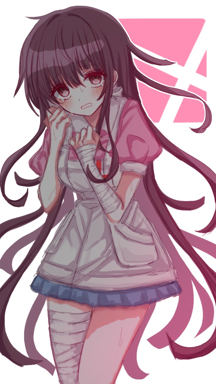 kotohatoko510, tsumiki mikan, danganronpa (series), danganronpa 2: goodbye despair, commentary request, highres, 1girl, apron, bandaged arm, bandaged leg, bandages, blue skirt, blush, cowboy shot, crying, crying with eyes open, eyelashes, long hair, open mouth, pink shirt, purple eyes, purple hair, scared, shirt, short sleeves, skirt, solo, sweat, tears, very long hair, white apron