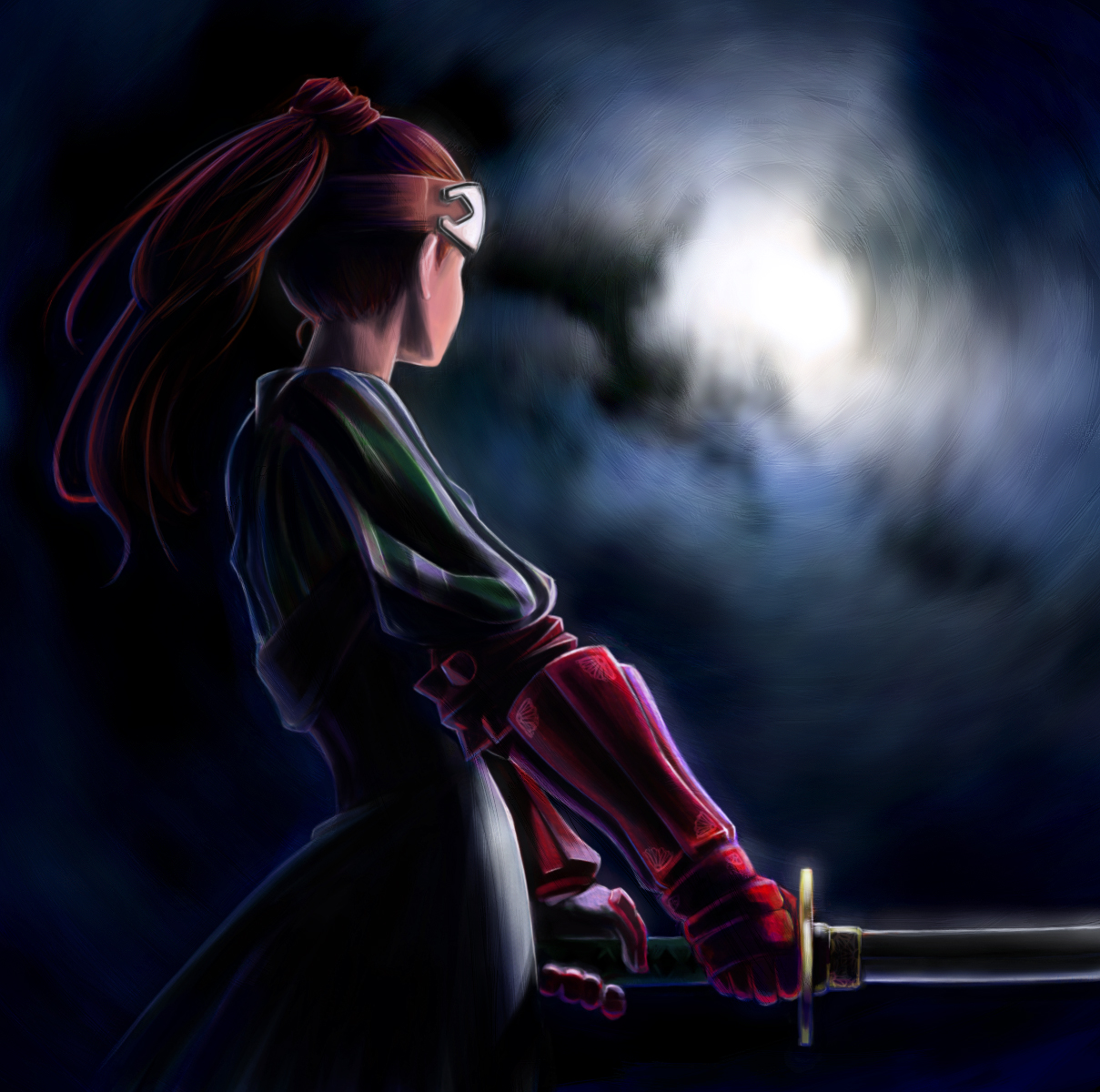 sparrowswallow, suzume yuu, samurai (fft), final fantasy, final fantasy tactics, bad id, bad pixiv id, highres, 1girl, brown hair, gloves, headband, japanese clothes, katana, long hair, ponytail, sword, weapon