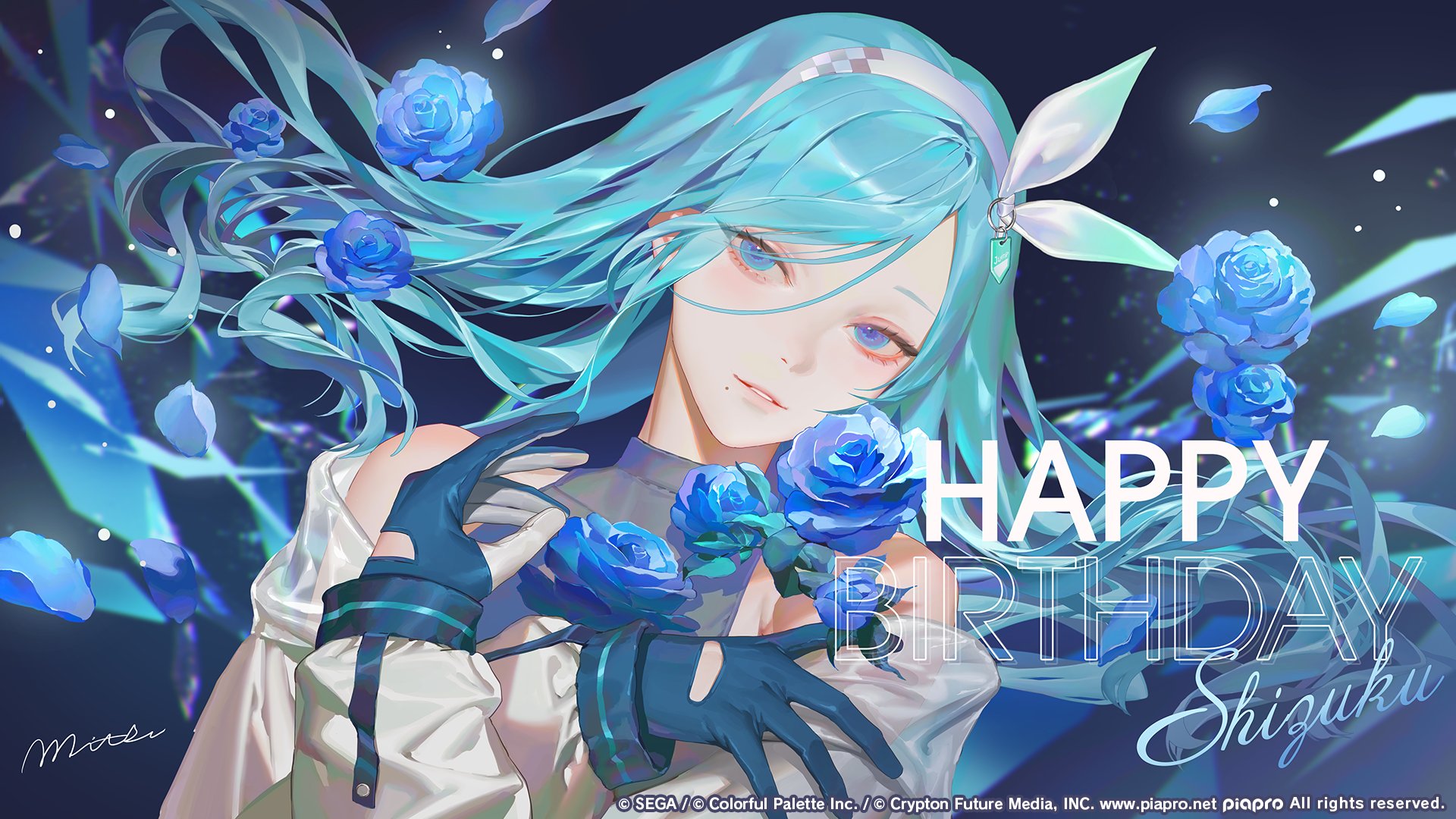 ohayosayonara, hinomori shizuku, project sekai, commentary request, highres, official art, second-party source, 1girl, aegyo sal, bare shoulders, black background, blue eyes, blue flower, blue gloves, blue hair, blue rose, blue shirt, blurry, blurry background, bow hairband, character name, clothing cutout, copyright notice, covered collarbone, eyelashes, falling petals, floating hair, flower, glove cutout, gloves, grow glorious glow (project sekai), guest art, hair between eyes, hairband, happy birthday, hugging object, jacket, light blush, long hair, long sleeves, looking at viewer, mole, mole under mouth, off shoulder, official alternate costume, parted lips, petals, rose, see-through clothes, shirt, sidelocks, signature, sleeveless, sleeveless shirt, smile, solo, tsurime, two-sided gloves, upper body, white hairband, white jacket