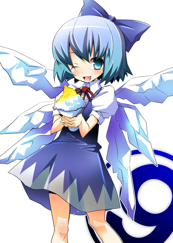 hermmy, cirno, phantasmagoria of flower view, touhou, blue eyes, blue hair, bow, circled 9, food, ice, one eye closed, pee, peeing, shaved ice, short hair, solo, wings, wink