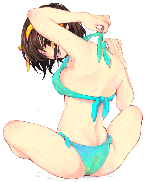 cika, suzumiya haruhi, suzumiya haruhi no yuuutsu, bad id, bad pixiv id, 00s, 1girl, ass, bikini, brown eyes, brown hair, crossed legs, female focus, hairband, indian style, looking back, multicolored bikini, one eye closed, short hair, sitting, solo, swimsuit, transparent background, two-tone bikini, tying, wet, wink