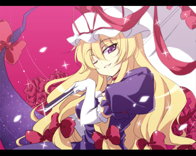 tooya, touya (the-moon), yakumo yukari, touhou, lowres, 1girl, anime coloring, elbow gloves, female focus, gloves, letterboxed, one eye closed, parasol, solo, umbrella, wink