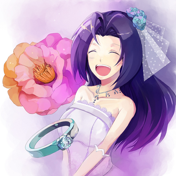 pos (shiratama-ya), miura azusa, idolmaster, idolmaster (classic), 00s, 1girl, bare shoulders, breasts, closed eyes, collarbone, dress, elbow gloves, female focus, floral background, flower, gloves, hair ornament, jewelry, long hair, necklace, open mouth, purple hair, ring, sleeveless, sleeveless dress, smile, solo, strapless, strapless dress, upper body, v arms, wedding dress, white dress