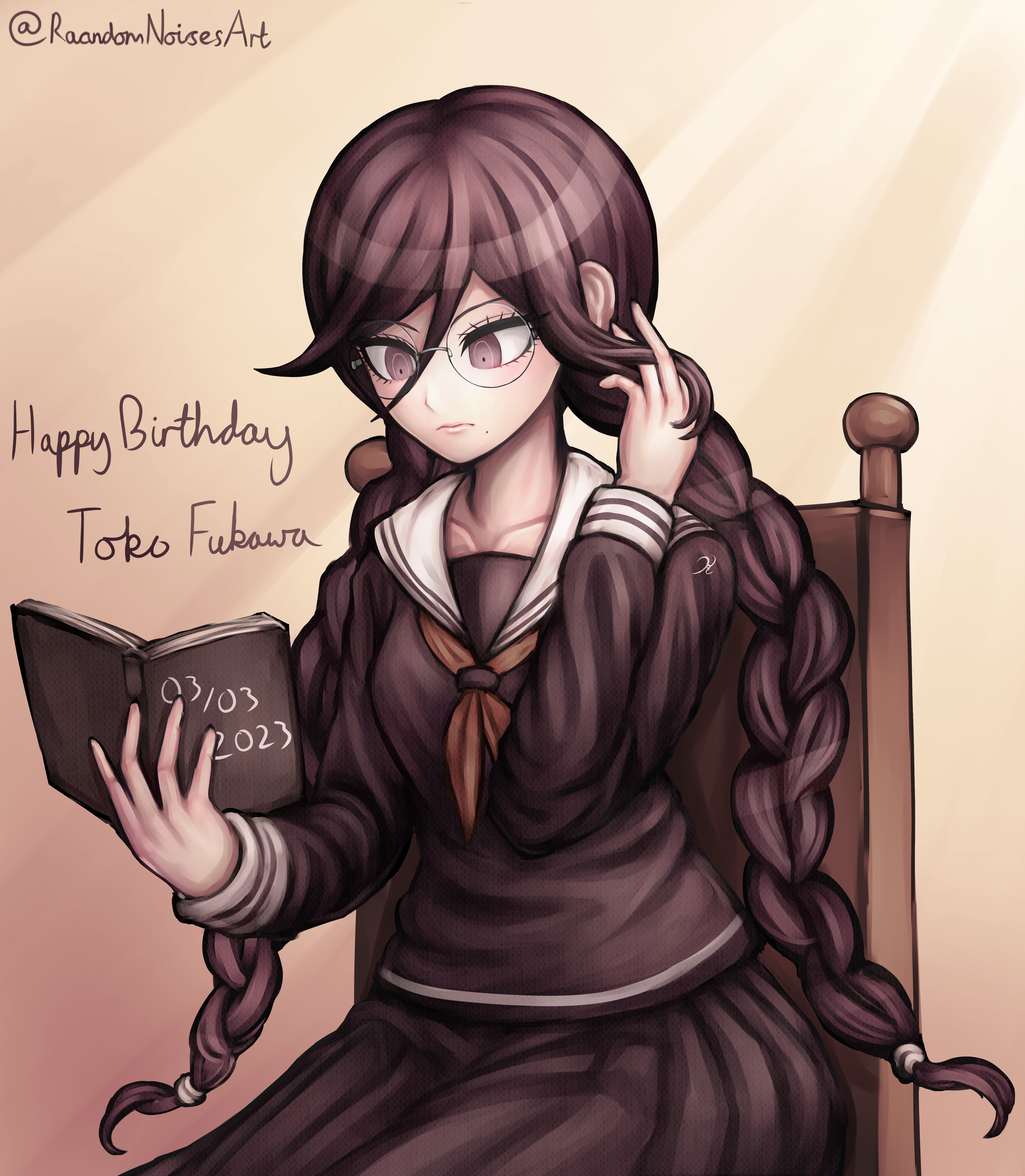randomnoisesart, fukawa toko, danganronpa: trigger happy havoc, danganronpa (series), absurdres, commentary, commission, english commentary, highres, 1girl, book, braid, character name, closed mouth, collarbone, collared shirt, dated, english text, eyelashes, glasses, hair between eyes, hand in own hair, happy birthday, holding, holding book, komatsuzaki rui (style), long hair, long sleeves, mole, mole under mouth, neckerchief, official style, open book, parody, purple eyes, purple hair, purple serafuku, purple shirt, purple skirt, red neckerchief, round eyewear, sailor collar, school uniform, serafuku, shirt, sitting, skirt, skirt set, solo, style parody, twin braids, twintails, twitter username, white sailor collar