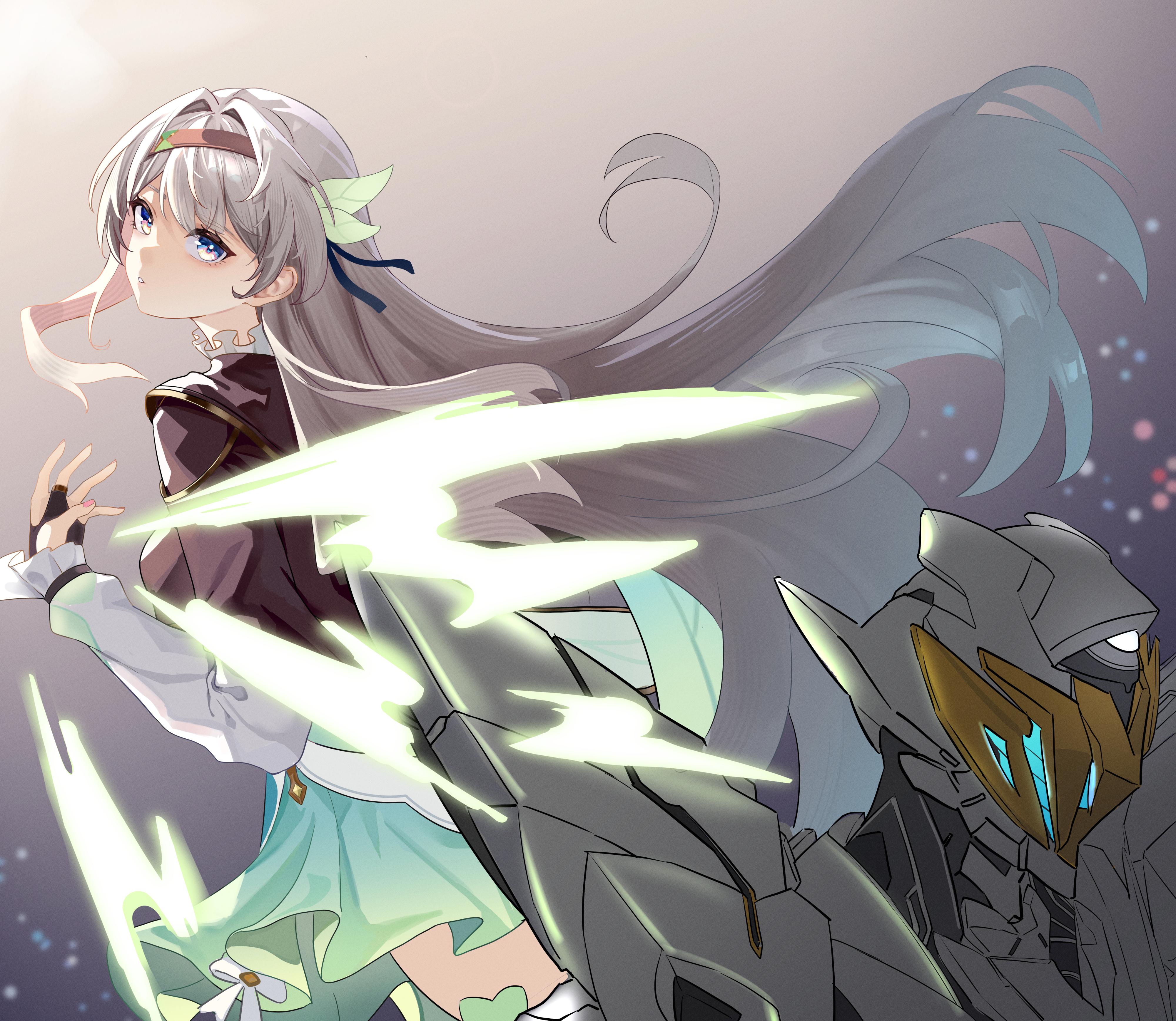 qingshi (jntw5555), firefly (honkai: star rail), sam (honkai: star rail), honkai: star rail, honkai (series), absurdres, commentary request, highres, 1girl, black hairband, black jacket, bridal gauntlets, dress, gradient hair, green dress, green hair, grey hair, hair between eyes, hair intakes, hair ornament, hairband, jacket, long hair, long sleeves, looking at viewer, looking back, multicolored hair, pink eyes, very long hair