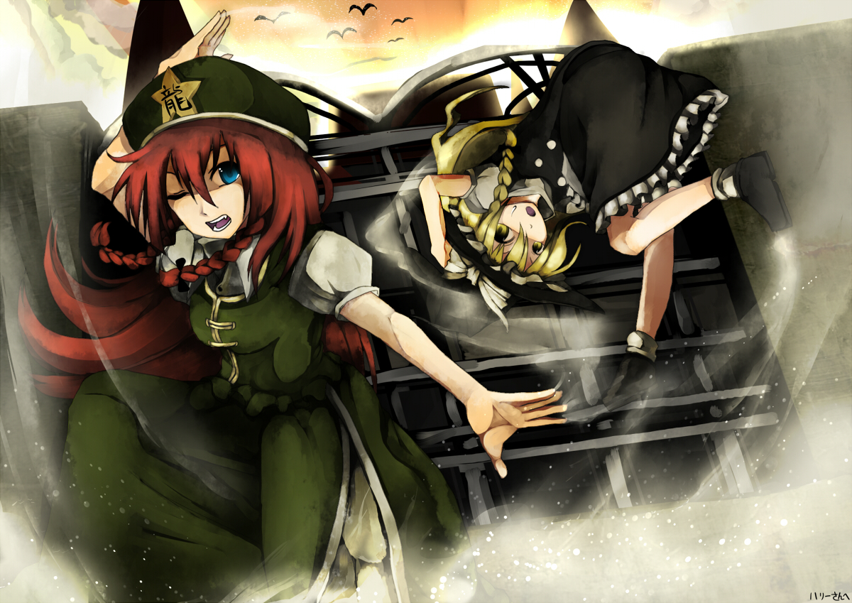 shinta (artist), tokoroten (hmmuk), hong meiling, kirisame marisa, embodiment of scarlet devil, touhou, bad id, bad pixiv id, 2girls, ;d, black dress, blonde hair, braid, china dress, chinese clothes, dress, female focus, green dress, long hair, long sleeves, looking at viewer, multiple girls, one eye closed, open mouth, red hair, shaded face, smile, star (symbol), very long hair