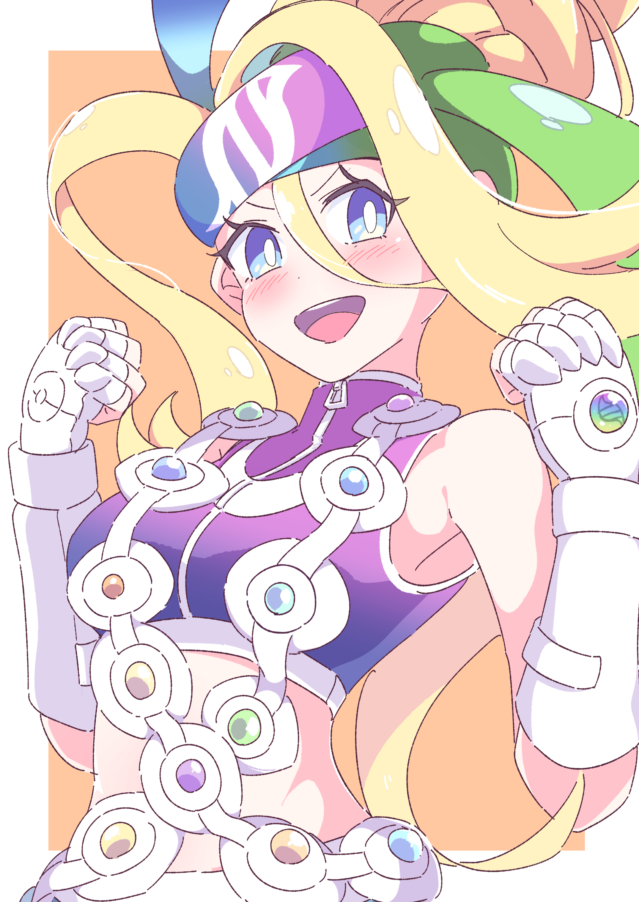yuki nagisaa, korrina (pokemon), nintendo, pokemon, pokemon legends: z-a, absurdres, commentary request, highres, 1girl, bare shoulders, blonde hair, blue eyes, blush, bright pupils, clenched hands, crop top, elbow gloves, eyelashes, fingerless gloves, gloves, green headband, headband, long hair, mega stone, midriff, open mouth, purple headband, purple shirt, shirt, sleeveless, sleeveless shirt, smile, solo, teeth, upper body, upper teeth only, v-shaped eyebrows, white gloves, white pupils, zipper