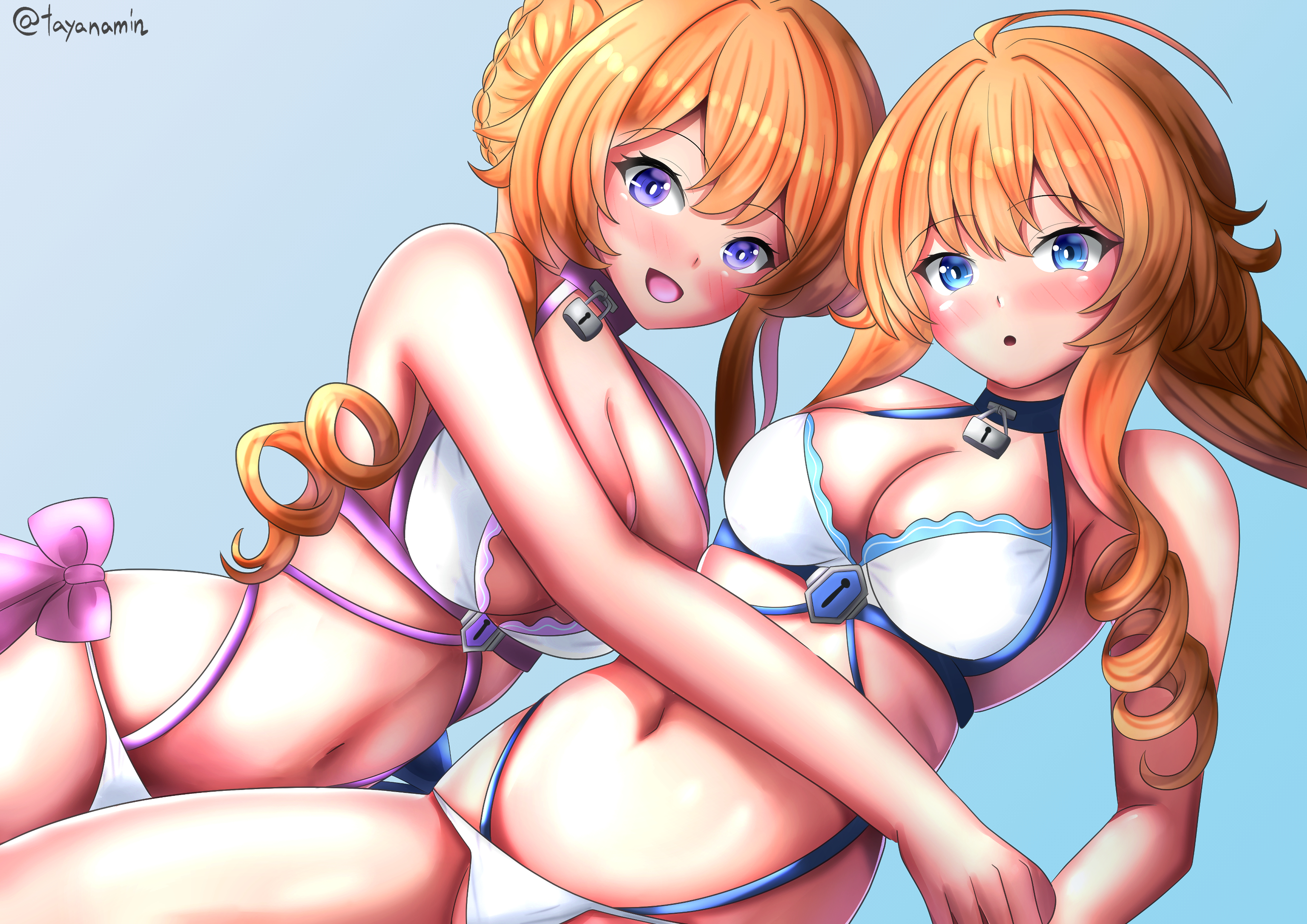 yamai kaguya, yamai yuzuru, azur lane, date a live, highres, 2girls, ahoge, artist name, bikini, blue bikini, blue eyes, blush, breasts, cleavage, drill hair, large breasts, lock, long hair, looking at viewer, multicolored bikini, multiple girls, navel, official alternate costume, open mouth, orange hair, parted lips, pink bikini, purple eyes, siblings, stomach, swimsuit, tayanamin, twins, two-tone bikini, white bikini, yamai kaguya (blue ocean rendezvous), yamai yuzuru (blue ocean rendezvous)