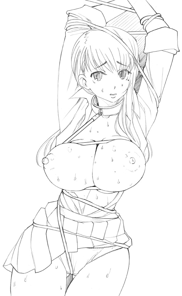 miito shido, 1girl, breasts, female focus, greyscale, huge breasts, long hair, monochrome, nipples, no bra, panties, skirt, solo, sweat, underwear