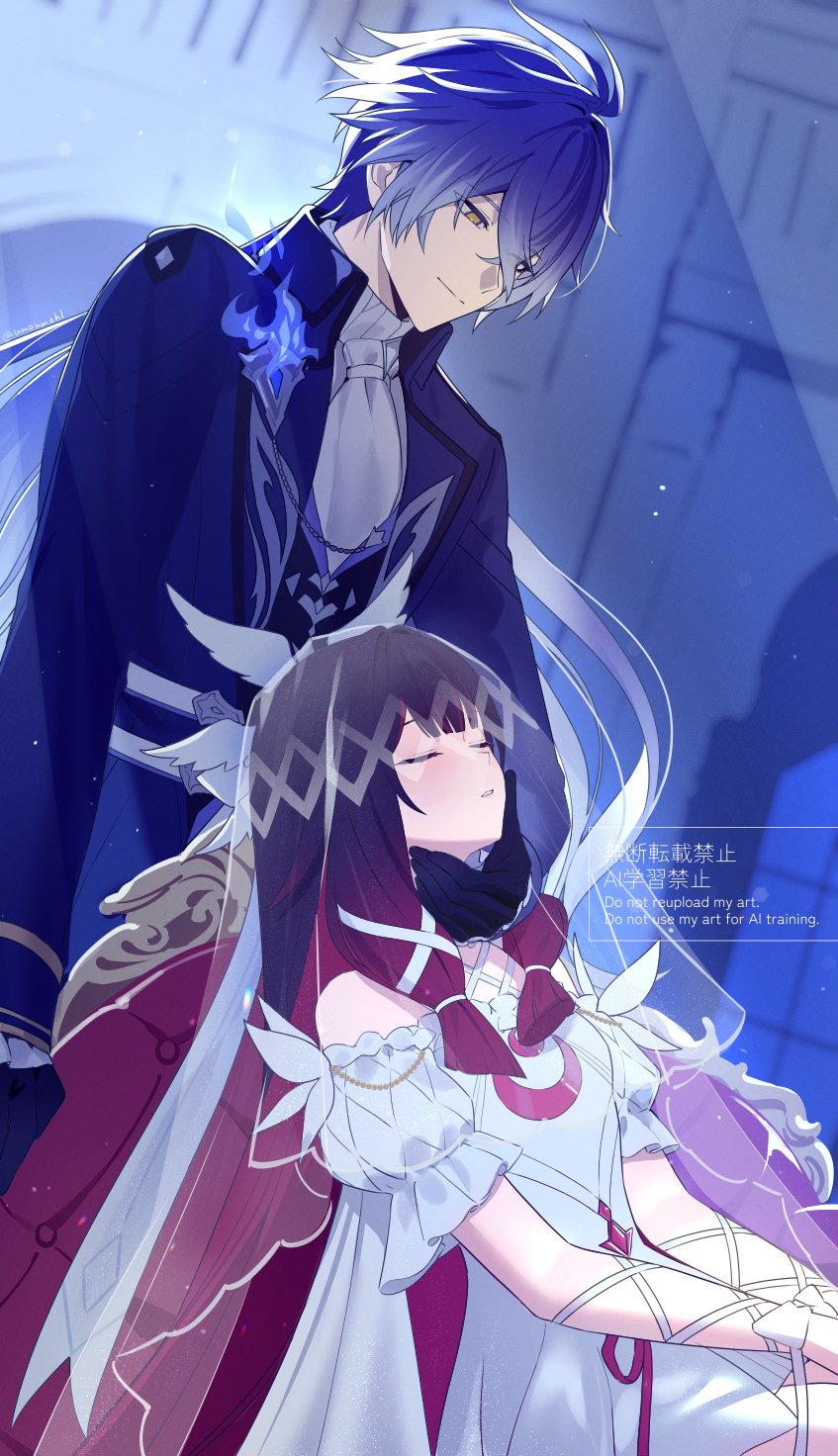 umoumohl, columbina (genshin impact), flins (genshin impact), genshin impact, commentary request, highres, 1boy, 1girl, alternate costume, antenna hair, black gloves, black hair, blue coat, blue hair, closed eyes, closed mouth, coat, collared coat, crossed bangs, dress, gloves, gradient hair, hair between eyes, hair ribbon, hand on another's chin, head wings, high collar, long hair, long sleeves, looking at another, multicolored hair, off-shoulder dress, off shoulder, pink hair, puffy short sleeves, puffy sleeves, ribbon, short sleeves, twitter username, two-tone hair, veil, watermark, white dress, white ribbon, white wings, wings, wrist ribbon, yellow eyes