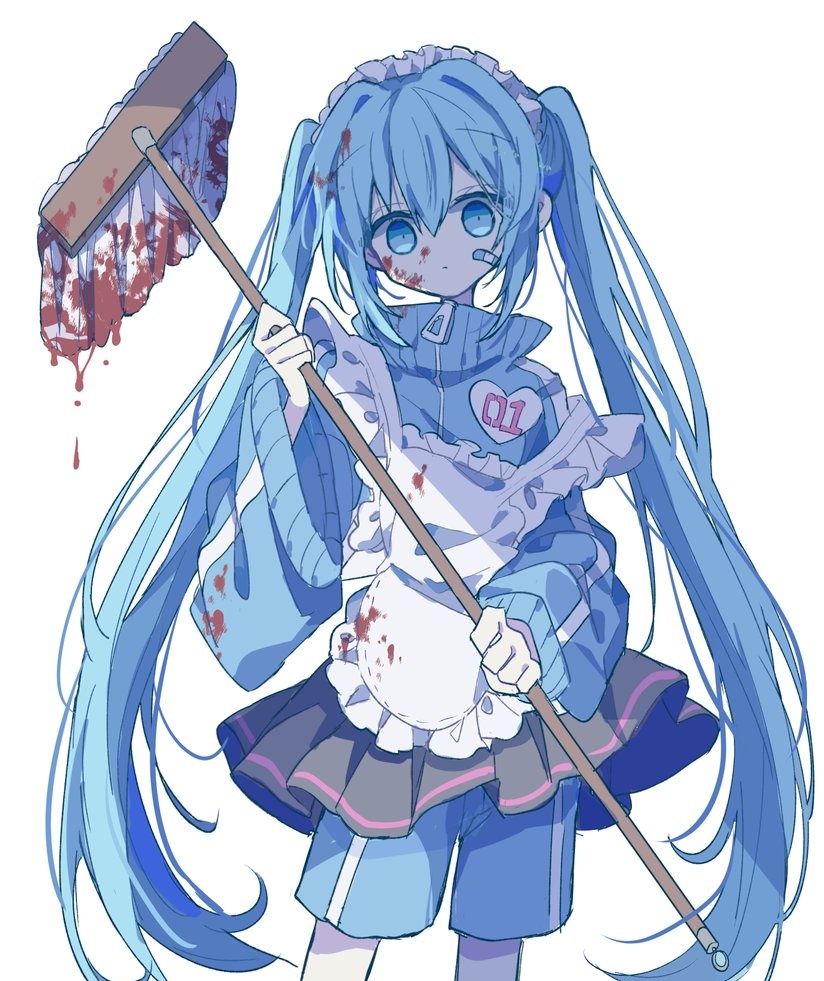 futaba969649, hatsune miku, vocaloid, commentary, 1girl, apron, bandaid, bandaid on cheek, bandaid on face, black skirt, blood, blood on clothes, blood on face, blue eyes, blue hair, blue jacket, blue shorts, broom, closed mouth, cowboy shot, frilled apron, frills, hair between eyes, holding, holding broom, jacket, jersey maid, long hair, looking at viewer, maid, pleated skirt, shorts, shorts under skirt, simple background, skirt, solo, standing, track jacket, twintails, unconventional maid, very long hair, white apron, white background, zipper