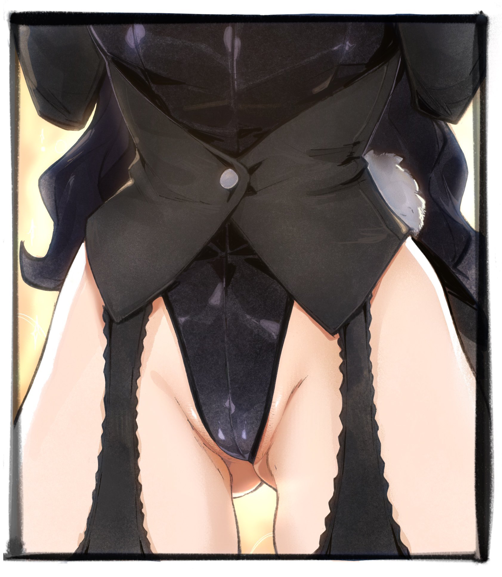 momdadno, izayoi arisa, kitagawa marin, sono bisque doll wa koi wo suru, highres, 1girl, black hair, black leotard, border, cameltoe, fake tail, garter straps, gluteal fold, highleg, highleg leotard, lace garter straps, leotard, long hair, lower body, playboy bunny vest, rabbit tail, solo, tail, thigh gap, thighs, very long hair, white border