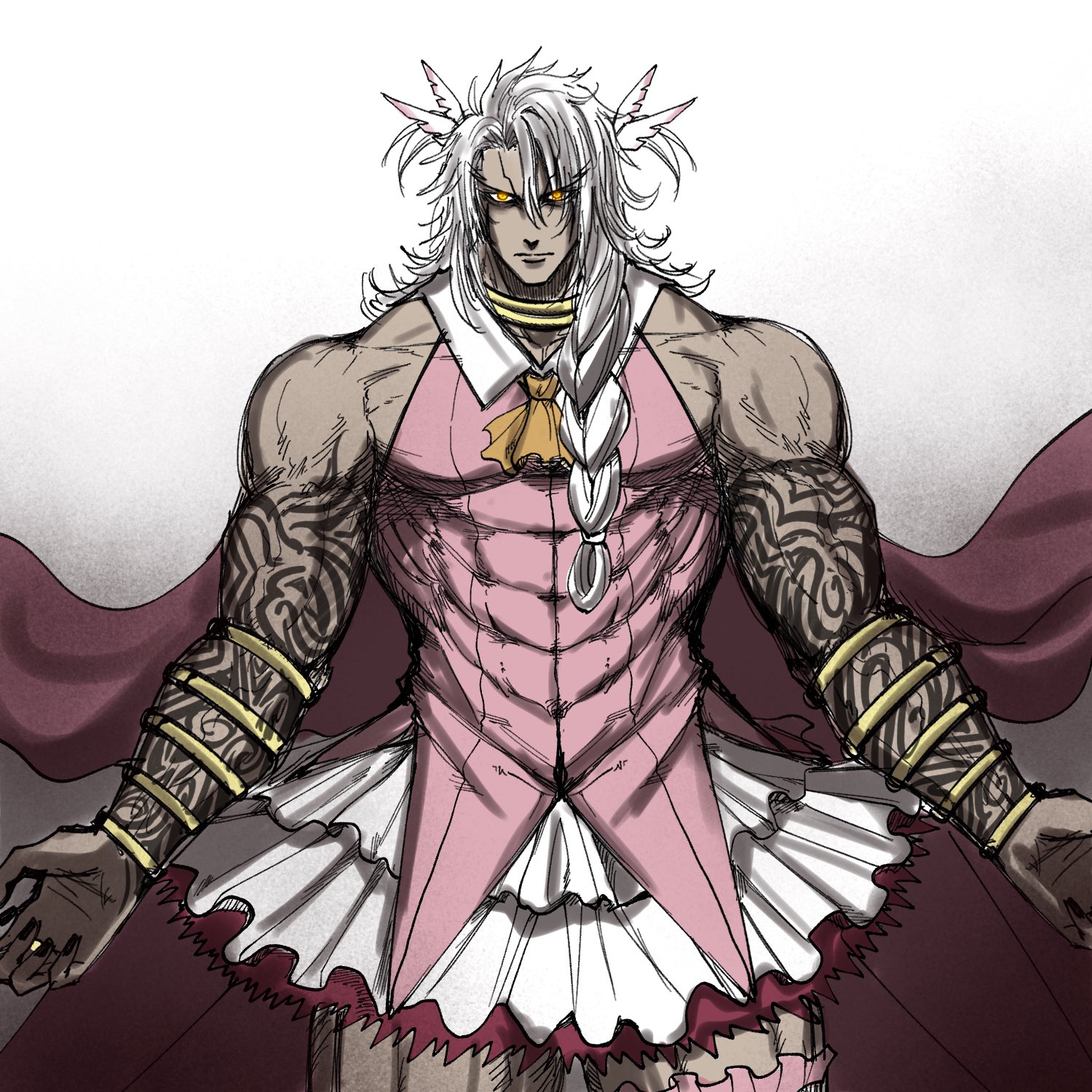 mcpc zamurai, grand caster (fate), illyasviel von einzbern, prisma illya, solomon (fate), fate/grand order, fate (series), highres, 1boy, arm tattoo, ascot, braid, cosplay, crossdressing, crossdressing (mtf), dark-skinned male, dark skin, dress, feather hair ornament, feathers, gameplay mechanics, hair between eyes, hair ornament, jewelry, long hair, magical girl, male focus, neck ring, pink dress, prisma illya (cosplay), single braid, skirt, solo, tattoo, white hair, yellow eyes