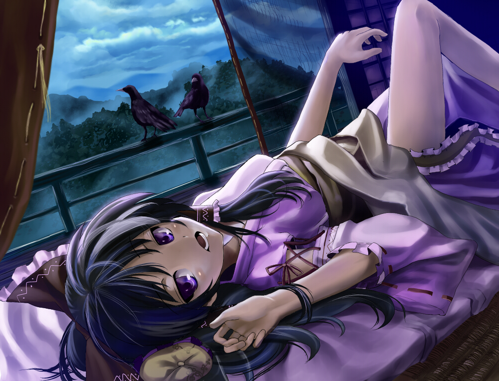 hidebo, hakurei reimu, touhou, bad id, bad pixiv id, 1girl, bird, black hair, bow, crow, detached sleeves, female focus, hot, indoors, japanese clothes, legs, long hair, lying, miko, nature, on back, plant, purple eyes, sky, solo
