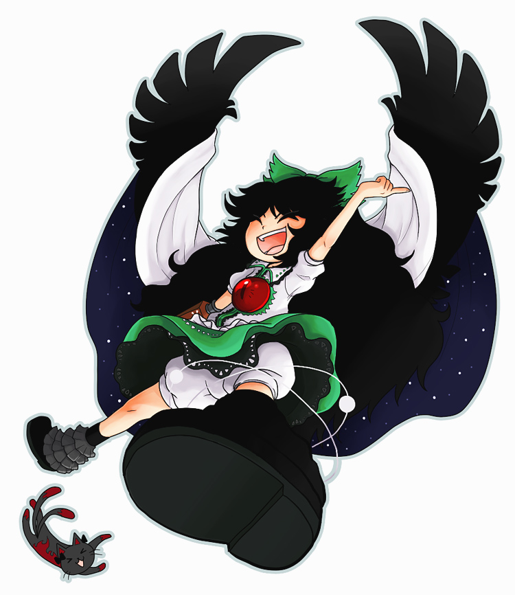 kty (04), kaenbyou rin, kaenbyou rin (cat), reiuji utsuho, touhou, 1girl, black hair, bow, cat, female focus, foreshortening, long hair, solo, wings