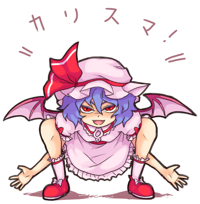 kty (04), remilia scarlet, touhou, 1girl, bat wings, blue hair, fangs, female focus, hat, parody, red eyes, short hair, solo, wings