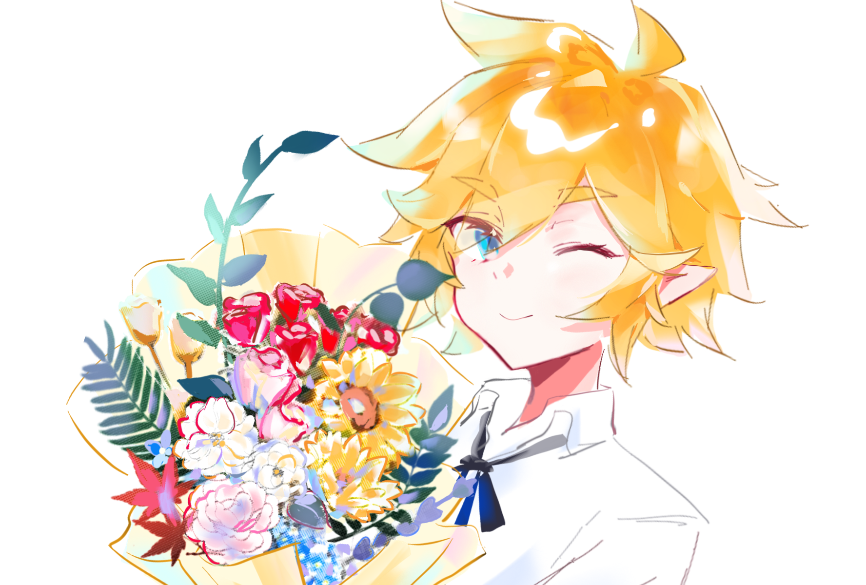 toonehappy, king (aotu world), aotu world, chinese commentary, highres, 1boy, ;), ahoge, black ribbon, blonde hair, blue eyes, blue flower, bouquet, closed mouth, collared shirt, flower, hair between eyes, holding, holding bouquet, leaf, looking at viewer, male focus, neck ribbon, one eye closed, pink flower, pointy ears, red flower, ribbon, rose, school uniform, shirt, short hair, simple background, smile, solo, upper body, white background, white flower, white shirt, yellow flower