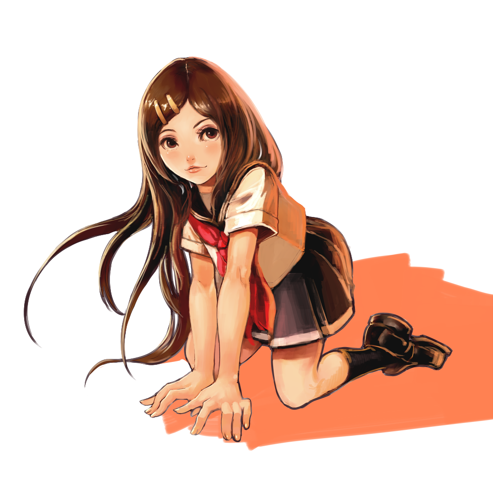 kansou samehada, bad id, bad pixiv id, all fours, blush, brown eyes, brown hair, hair ornament, hairclip, lips, school uniform, serafuku, solo