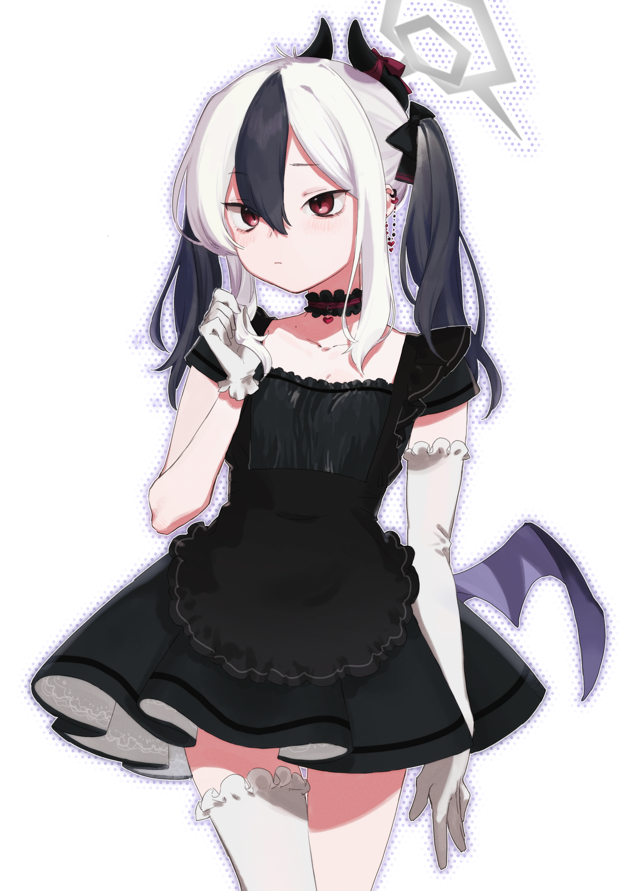 kisaka, kayoko (blue archive), blue archive, absurdres, commentary request, highres, 1girl, alternate costume, alternate hairstyle, apron, arm at side, asymmetrical gloves, black apron, black bow, black dress, black hair, blush, bow, breasts, choker, closed mouth, collarbone, cowboy shot, demon girl, demon horns, demon wings, double-parted bangs, dress, ear piercing, earrings, elbow gloves, frilled choker, frilled thighhighs, frills, gloves, grey halo, hair between eyes, hair bow, halo, hand up, heart, heart choker, heart earrings, horns, jewelry, low wings, multicolored hair, outline, piercing, playing with own hair, red choker, red eyes, short sleeves, sidelocks, simple background, single thighhigh, single wing, slit pupils, small breasts, solo, thighhighs, twintails, two-tone hair, white background, white gloves, white hair, white outline, white thighhighs, wings