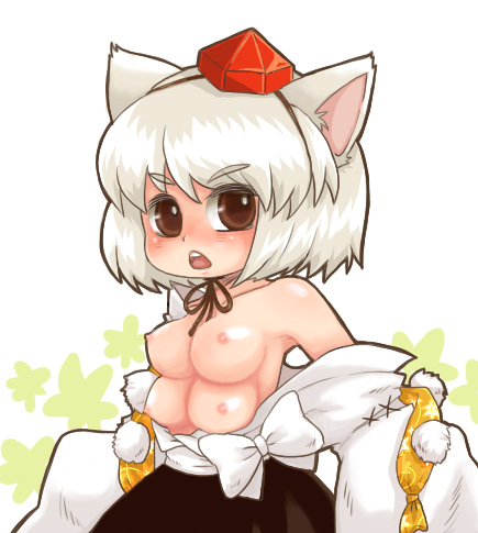 kty (04), inubashiri momiji, touhou, lowres, 1girl, animal ears, breasts, brown eyes, detached sleeves, extra breasts, female focus, hat, nipples, short hair, solo, tokin hat, white hair, wolf ears