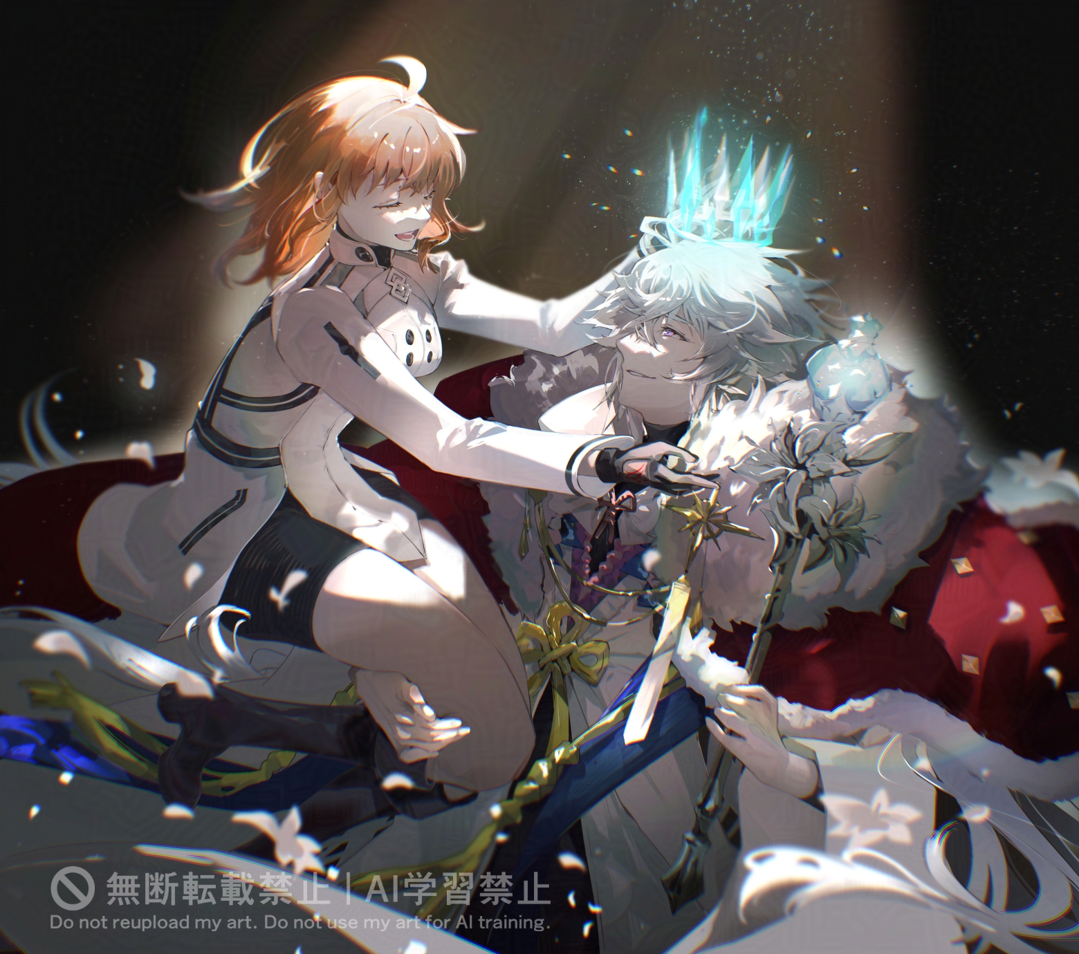 hanako (onikutabetaiyo), fujimaru ritsuka (female), fujimaru ritsuka (female) (decisive battle chaldea uniform), merlin (fate), fate/grand order, fate (series), highres, 1boy, 1girl, ahoge, black gloves, blue crown, chaldea logo, cloak, command spell, crown, flower, gloves, grand servant (fate/grand order), holding, holding crown, jacket, long hair, medium hair, open mouth, orange hair, pointed crown, purple eyes, putting on headwear, robe, smile, white hair, white jacket, white robe