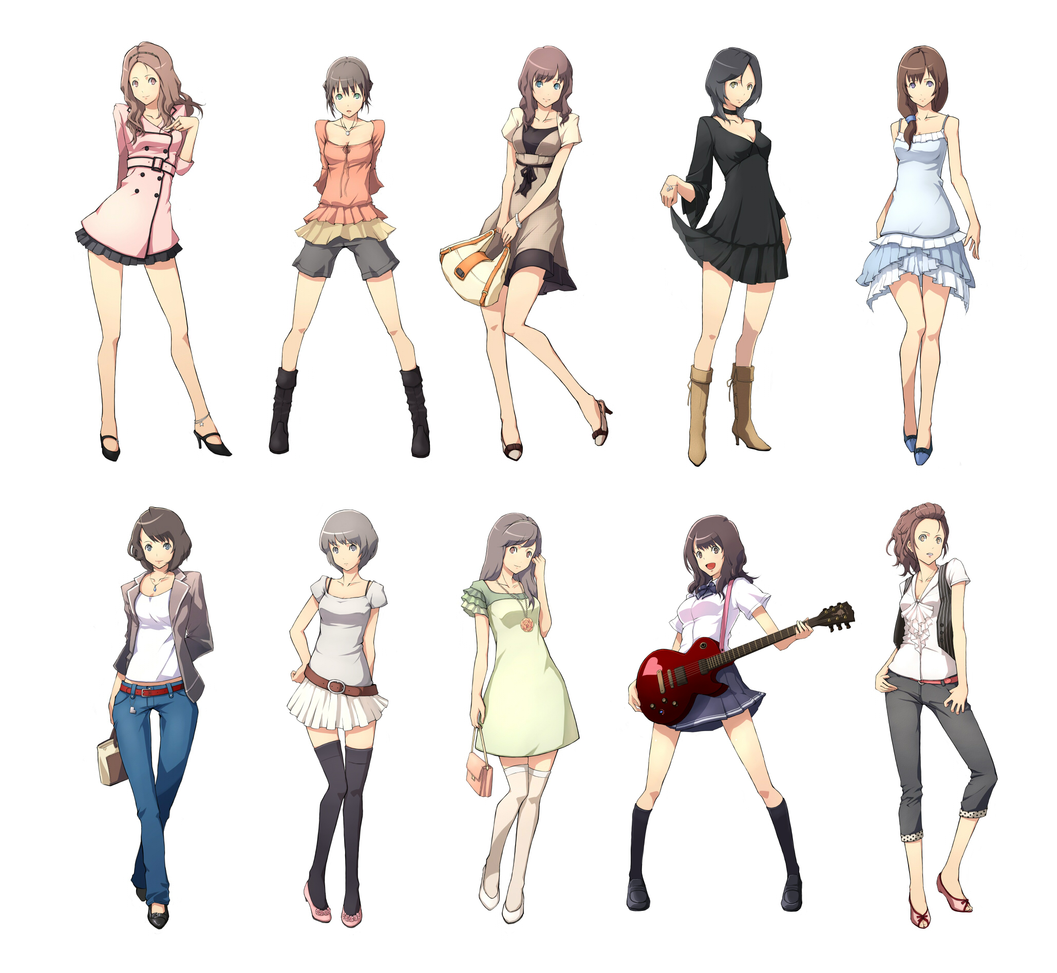 keypot, original, uniform, highres, 6+girls, anklet, bag, belt, black dress, black socks, black thighhighs, blue dress, blue skirt, boots, casual, choker, coat, denim, dress, electric guitar, fashion, frills, gibson les paul, green dress, guitar, hairband, hand on own hip, handbag, high heels, hip focus, instrument, jeans, jewelry, kneehighs, legs, loafers, long hair, multiple girls, necklace, pants, pantyhose, pleated skirt, ponytail, raincoat, sandals, shoes, short hair, skirt, socks, thighhighs, zettai ryouiki