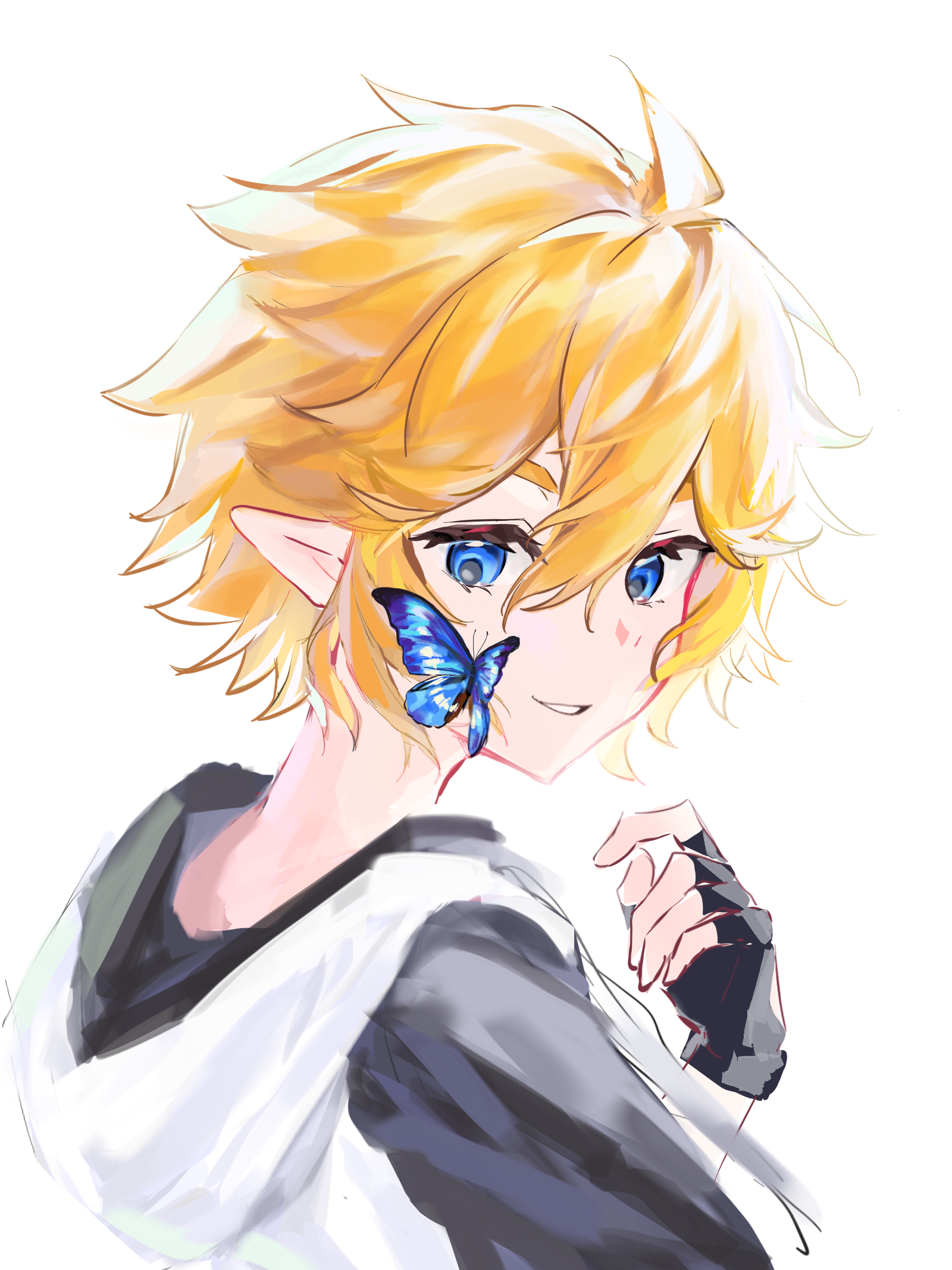 toonehappy, king (aotu world), aotu world, chinese commentary, highres, 1boy, ahoge, black gloves, blonde hair, blue butterfly, blue eyes, bug, butterfly, fingerless gloves, gloves, hair between eyes, hand up, hood, hood down, hoodie, insect, looking at viewer, looking back, male focus, multicolored hoodie, parted lips, pointy ears, short hair, simple background, smile, solo, upper body, white background, white hoodie