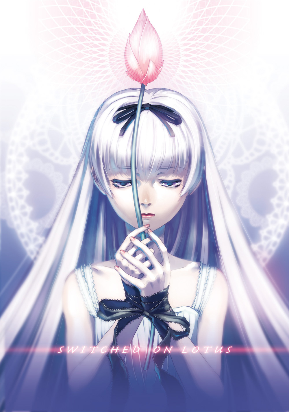 cotetsu yamanaka, yamanaka kotetsu, gretel (black lagoon), black lagoon, highres, 00s, 1girl, bound, bow, dress, female focus, flower, glowing, hair ribbon, lipstick, long hair, makeup, nail polish, pale skin, pink nails, purple eyes, ribbon, solo, tied up (nonsexual), very long hair, white dress, white hair