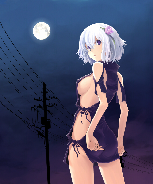 keypot, ren (fragile), fragile, fragile: sayonara tsuki no haikyo, 1girl, breasts, dark background, female focus, flower, from side, full moon, hair flower, hair ornament, looking at viewer, looking back, medium breasts, moon, night, night sky, power lines, purple eyes, short hair, sideboob, sky, solo, utility pole, white hair