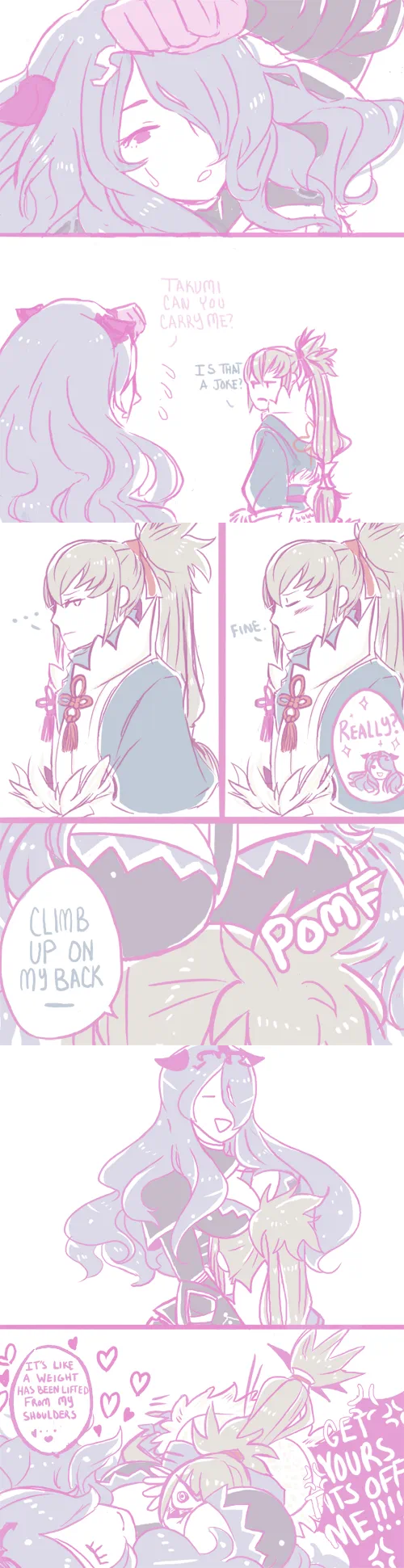 camilla (fire emblem), takumi (fire emblem), fire emblem, fire emblem fates, nintendo, 1boy, 1girl, between breasts, blush, breast rest, breasts, breasts on head, chignon, closed eyes, comic, face between breasts, grey hair, hair over one eye, head between breasts, heart, height difference, large breasts, long hair, older female and younger male, one eye covered, orange eyes, purple eyes, purple hair, simple background, speech bubble, strap between breasts, sweat, tiara, tunamayo (devouredghosts), wavy hair