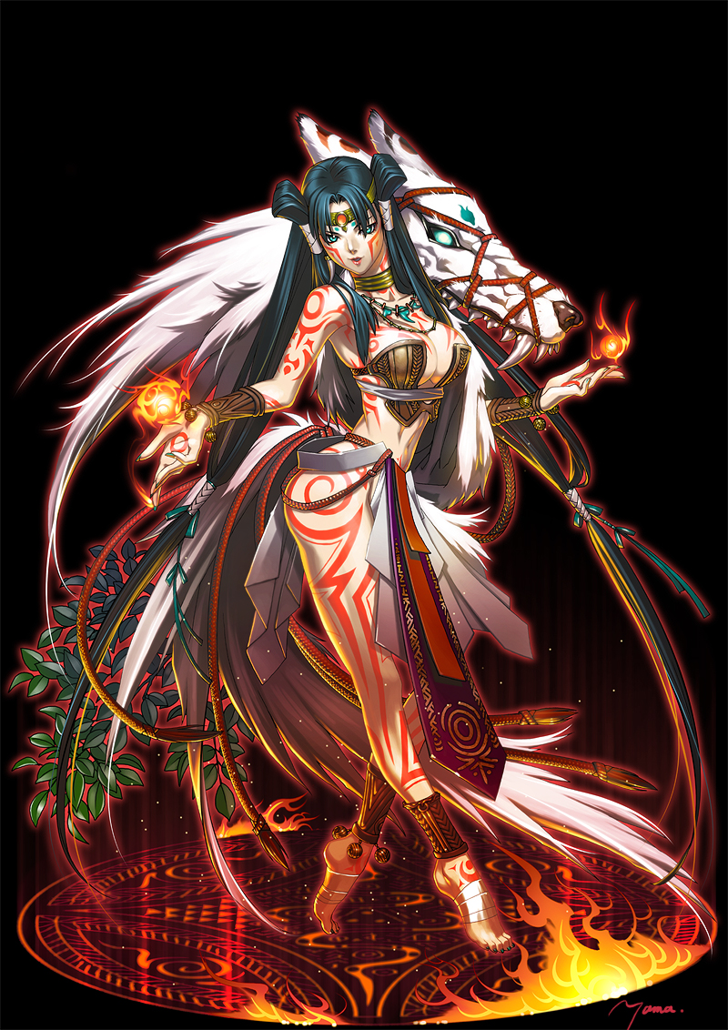 cotetsu yamanaka, yamanaka kotetsu, generation xth, 1girl, anklet, barefoot, bodypaint, bracer, breasts, bustier, circlet, cleavage, collar, facial mark, feet, female focus, fire, green eyes, green hair, green nails, jewelry, large breasts, leaf, legs, lingerie, lipstick, long hair, magatama, magic, magic circle, makeup, matching hair/eyes, midriff, monster, nail polish, necklace, solo, standing, standing on magic circle, tattoo, toenail polish, toenails, twintails, underwear, very long hair, wolf