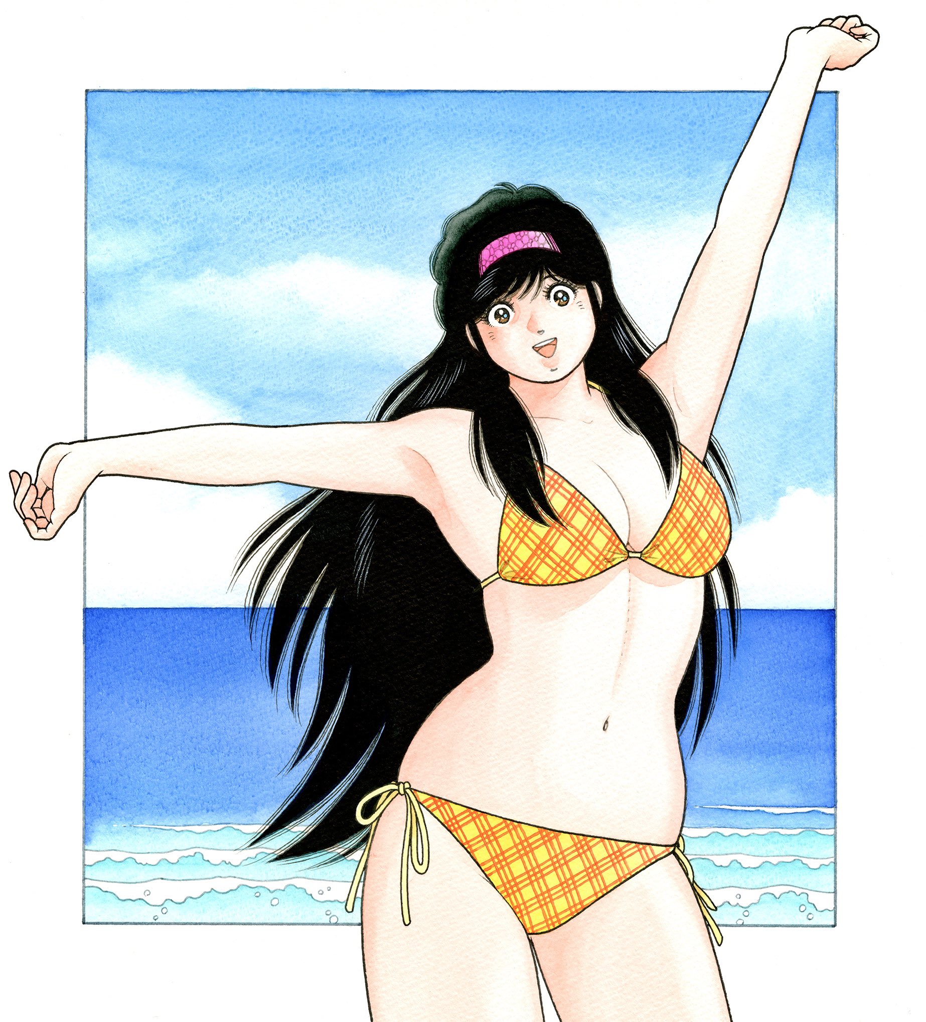 miura mitsuru, asaoka natsumi, the kabocha wine, commentary request, highres, 1girl, arm up, armpits, bikini, black hair, blue sky, border, breasts, brown eyes, cleavage, cloud, cowboy shot, hairband, horizon, large breasts, long hair, looking at viewer, navel, ocean, official artist extra, open mouth, outdoors, outside border, pink hairband, plaid bikini, plaid clothes, side-tie bikini bottom, skindentation, sky, smile, solo, standing, stretching, swimsuit, teeth, upper teeth only, very long hair, white border, yellow bikini