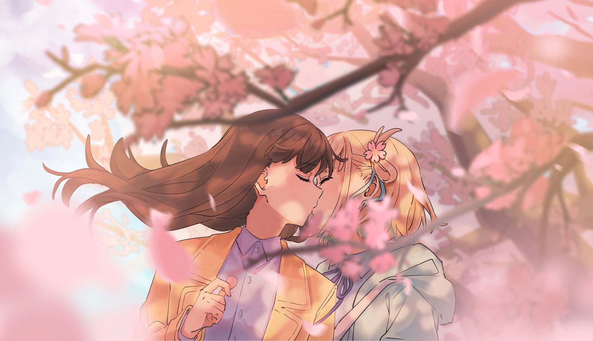 fafayu, inoue takina, nishikigi chisato, lycoris recoil, chinese commentary, commentary request, highres, protected link, revision, 2girls, blonde hair, blue hoodie, blue ribbon, brown jacket, cherry blossoms, closed eyes, collared shirt, couple, day, dress shirt, falling petals, floating hair, flower, hair flower, hair ornament, hair ribbon, hood, hoodie, jacket, kiss, long hair, multiple girls, neck ribbon, one side up, outdoors, petals, purple ribbon, purple shirt, ribbon, shirt, short hair, upper body, yuri