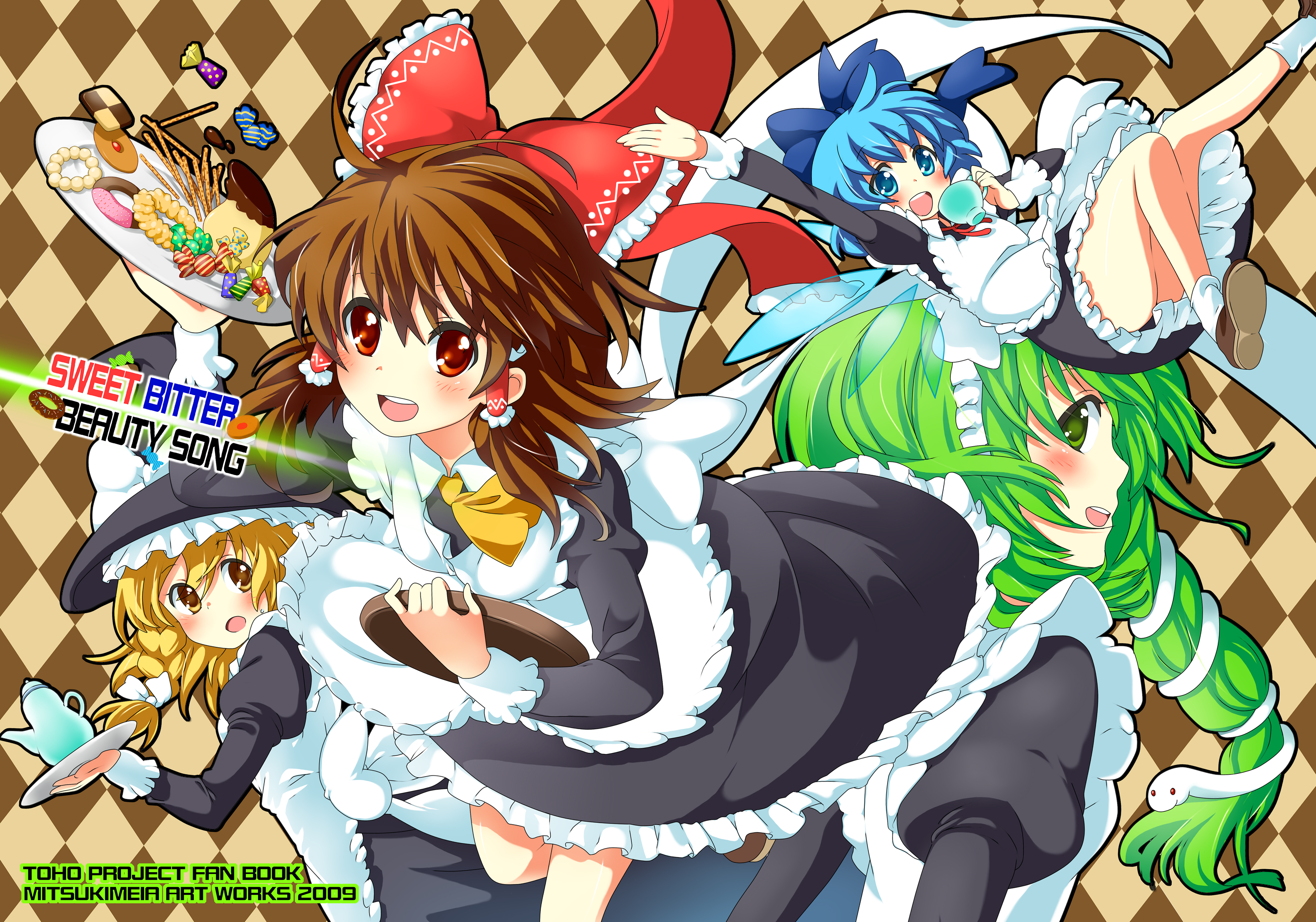 mitsuki meia, cirno, hakurei reimu, kirisame marisa, kochiya sanae, touhou, absurdres, highres, 4girls, alternate costume, apron, argyle background, argyle clothes, blonde hair, blue eyes, blue hair, bow, braid, brown hair, checkerboard cookie, cookie, cup, diamond (gemstone), enmaided, food, green eyes, green hair, hair ornament, hat, maid, maid apron, multiple girls, pudding, red eyes, short hair, snake, teacup, teapot, tray, wings, witch, witch hat, yellow eyes