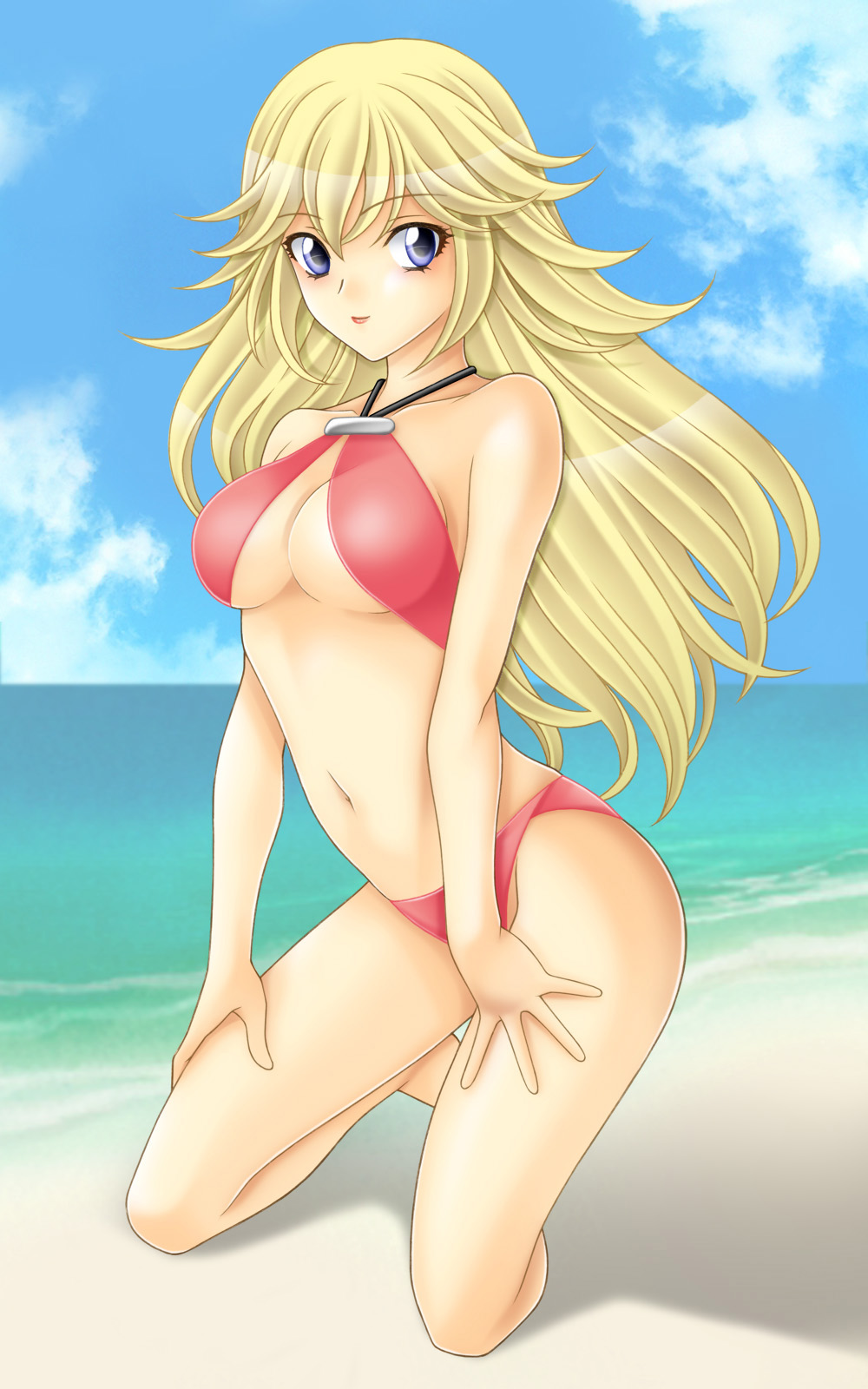 tamamon, princess peach, mario (series), nintendo, bad id, bad pixiv id, highres, 1girl, beach, bikini, blonde hair, blue eyes, breasts, day, female focus, kneeling, long hair, outdoors, sky, small breasts, solo, swimsuit