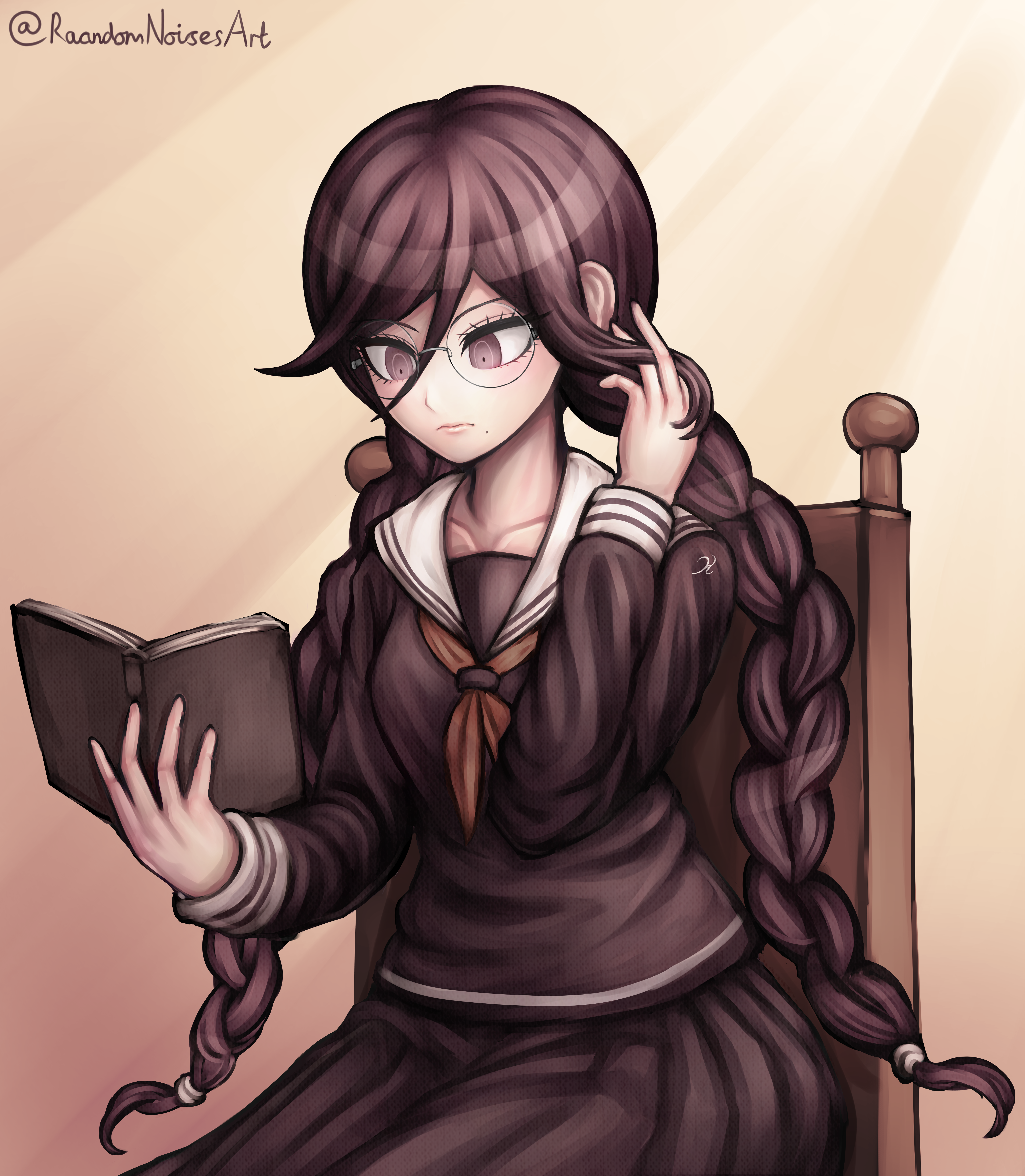 randomnoisesart, fukawa toko, danganronpa: trigger happy havoc, danganronpa (series), absurdres, commentary, commission, english commentary, highres, textless version, 1girl, book, braid, closed mouth, collarbone, collared shirt, eyelashes, glasses, hair between eyes, hand in own hair, holding, holding book, komatsuzaki rui (style), long hair, long sleeves, mole, mole under mouth, neckerchief, official style, open book, parody, purple eyes, purple hair, purple serafuku, purple shirt, purple skirt, red neckerchief, round eyewear, sailor collar, school uniform, serafuku, shirt, sitting, skirt, skirt set, solo, style parody, twin braids, twintails, twitter username, white sailor collar