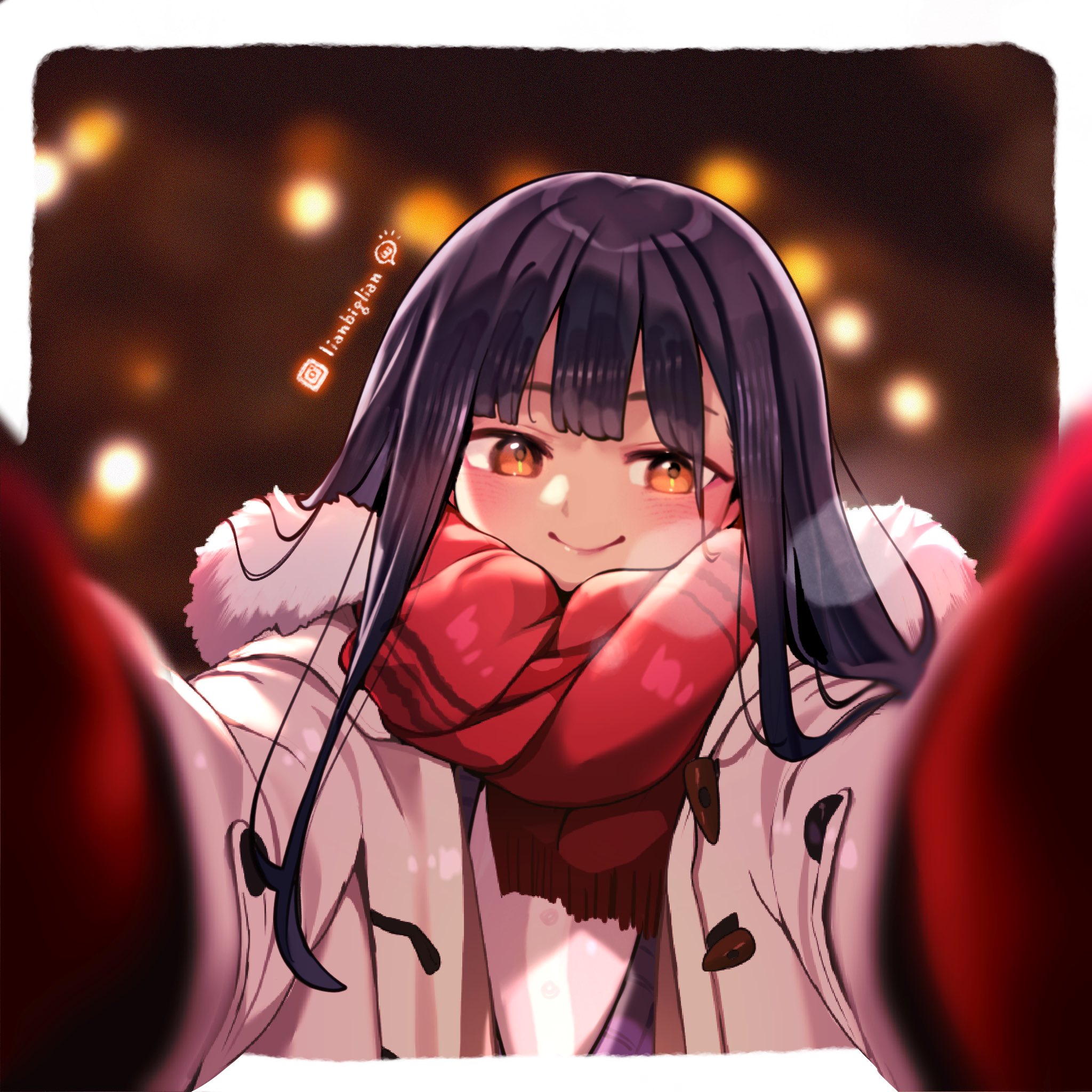 lianbiglian, yamada anna, boku no kokoro no yabai yatsu, highres, 1girl, black hair, blush, border, brown eyes, christmas lights, fur-trimmed jacket, fur trim, jacket, long hair, looking at viewer, meme, mittens, pov cheek warming (meme), reaching, reaching towards viewer, red scarf, scarf, smile, solo, white border