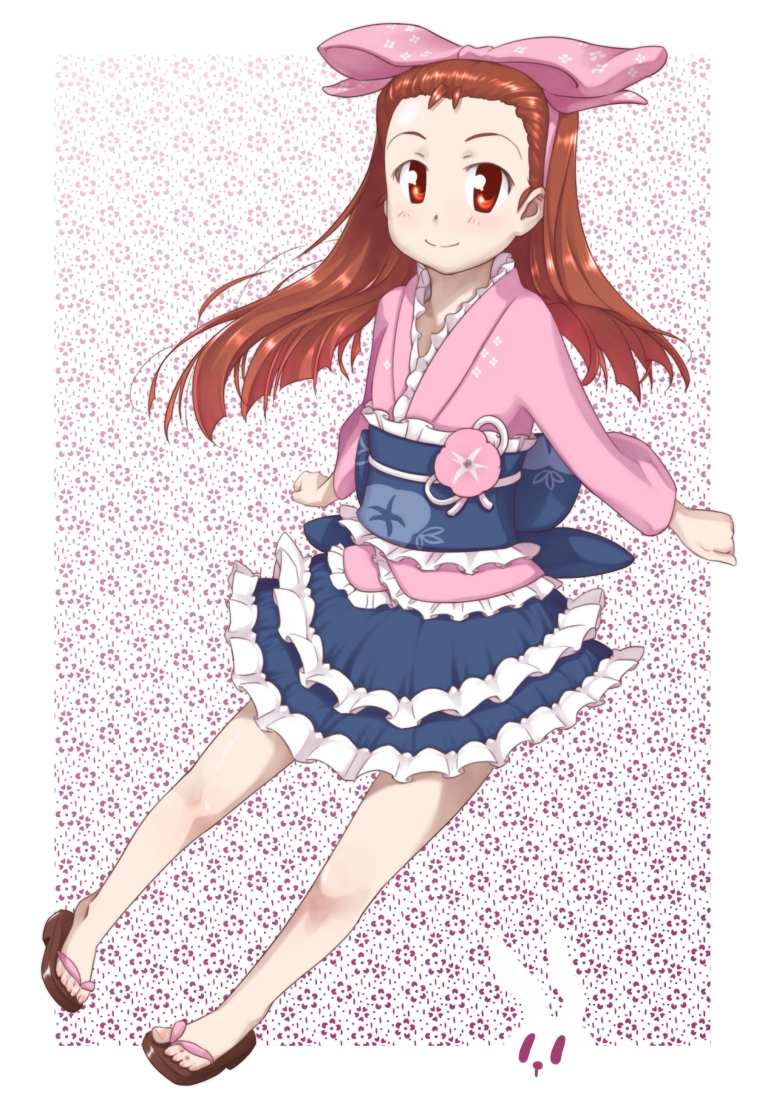 ttomm, minase iori, idolmaster, idolmaster (classic), 00s, 1girl, blue skirt, bow, child, female focus, hair bow, japanese clothes, kimono, kimono skirt, layered skirt, lolita fashion, maid, pink bow, pink kimono, print bow, sandals, skirt, solo, wa lolita, wa maid, yukata, yukata maid (idolmaster)