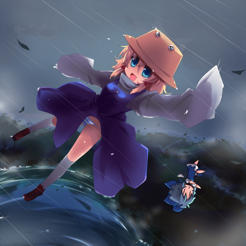 shin (new), cirno, moriya suwako, touhou, 2girls, multiple girls, panties, pantyshot, rain, striped clothes, striped panties, underwear