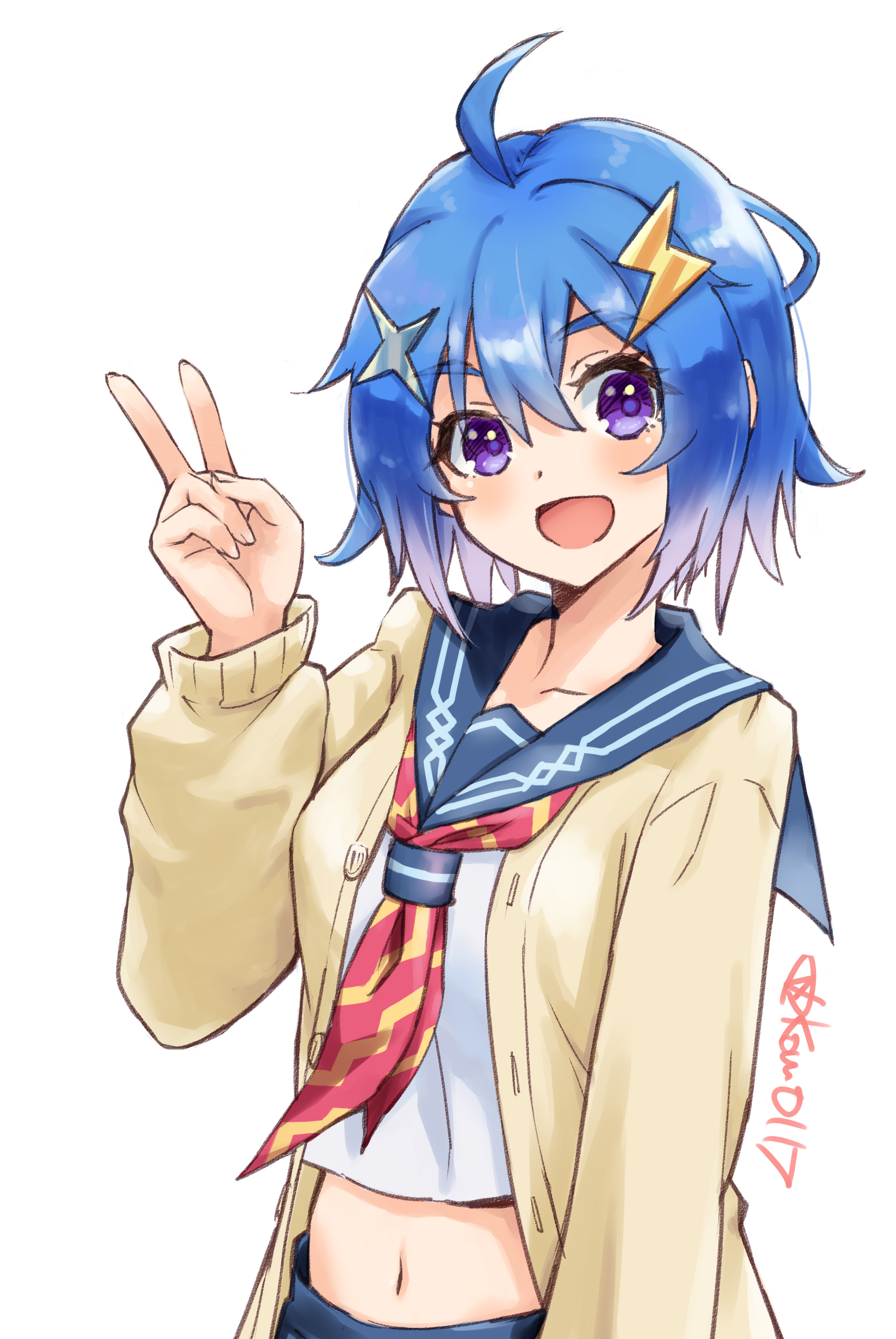 kow (kow0117), yuccho, indie virtual youtuber, absurdres, commentary request, highres, 1girl, ahoge, blue hair, blue pupils, blue sailor collar, blush, collared shirt, dot nose, hair ornament, jacket, lightning bolt, lightning bolt hair ornament, lightning bolt symbol, long sleeves, midriff, navel, neckerchief, open clothes, open jacket, open mouth, purple eyes, sailor collar, shirt, short hair, signature, simple background, smile, solo, star (symbol), star hair ornament, two-tone neckerchief, v, virtual youtuber, white background, white shirt, yellow jacket