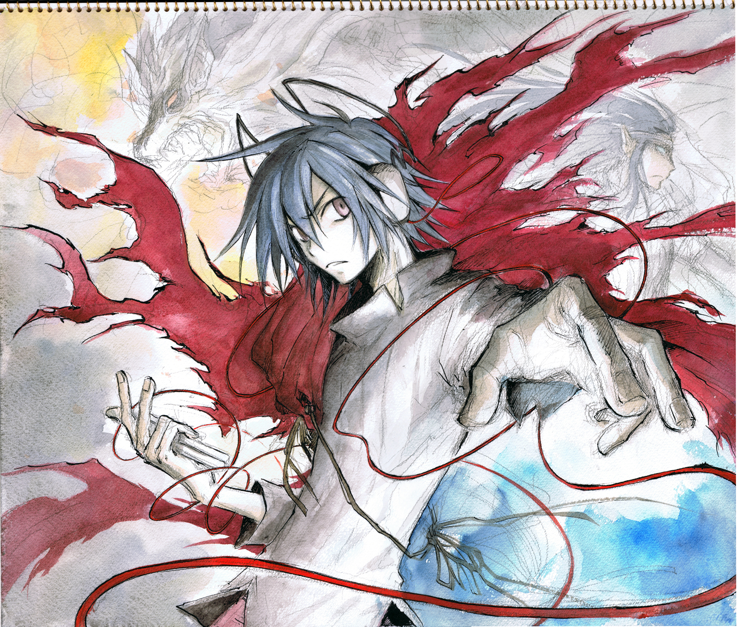 ueda-s, protagonist (devil survivor), devil survivor (series), devil survivor 1, bad id, bad pixiv id, highres, traditional media, 1boy, blue hair, cape, headphones, male focus, sketch, solo