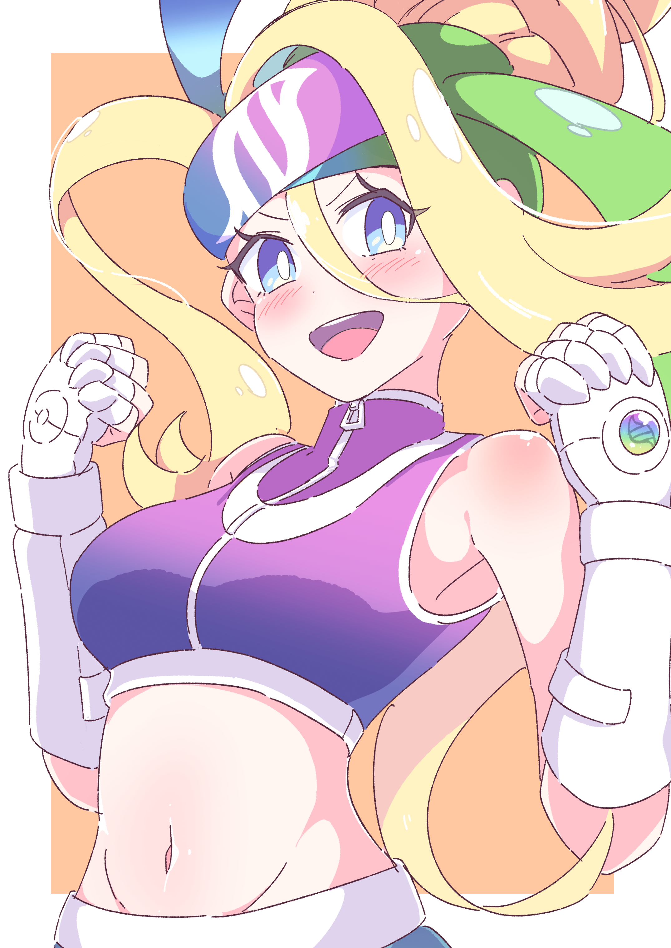 yuki nagisaa, korrina (pokemon), nintendo, pokemon, pokemon legends: z-a, absurdres, commentary request, highres, 1girl, bare shoulders, blonde hair, blue eyes, blush, breasts, bright pupils, clenched hands, crop top, elbow gloves, eyelashes, fingerless gloves, gloves, green headband, headband, long hair, midriff, navel, open mouth, purple headband, purple shirt, shirt, sleeveless, sleeveless shirt, smile, solo, teeth, upper body, upper teeth only, v-shaped eyebrows, white gloves, white pupils, zipper