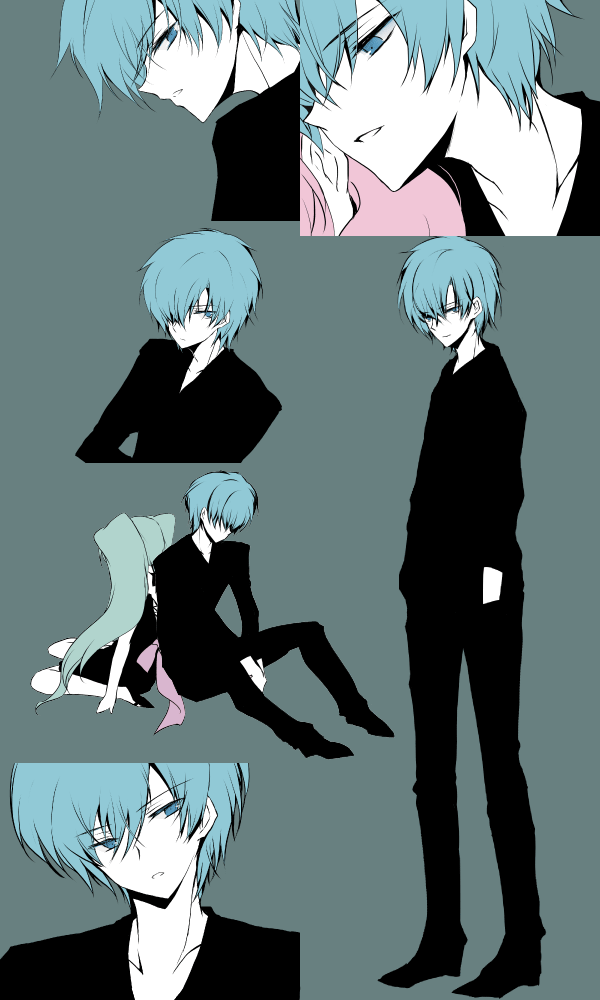 ichiyou moka, hatsune miku, kaito (vocaloid), megurine luka, acute (vocaloid), vocaloid, blue eyes, blue hair, formal clothes, long hair, pink hair, short hair, twintails
