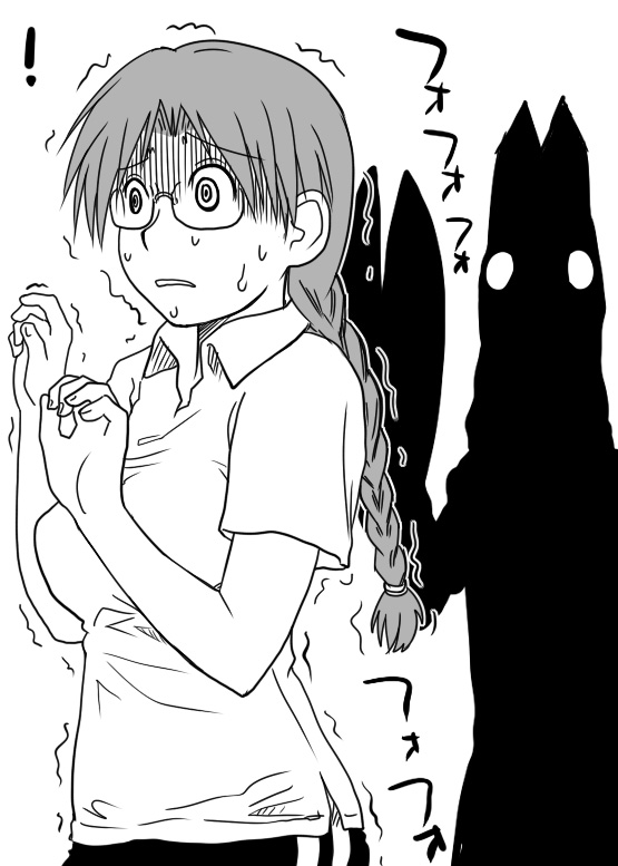 sakaki imasato, baltan seijin, mizuhara koyomi, azumanga daiou, azumanga daiou hoshuu-hen, ultra series, ultraman (1st series), 1girl, alternate hairstyle, braid, glasses, greyscale, long hair, monochrome, scared, trembling, twin braids