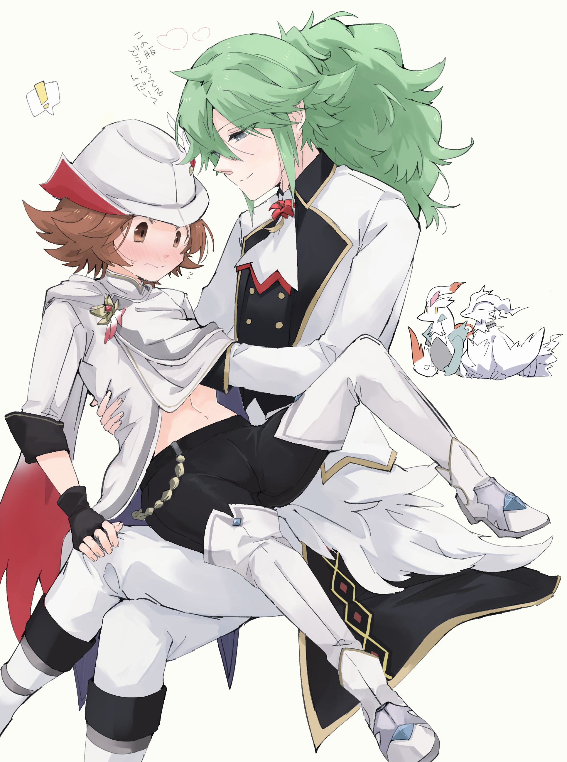 tarai (yamadarairai), hilbert (champion) (pokemon), hilbert (pokemon), n (anniversary 2021) (pokemon), n (pokemon), reshiram, nintendo, pokemon, pokemon masters ex, absurdres, commentary request, highres, translation request, !, 2boys, bike shorts, black gloves, blush, bright pupils, brown eyes, brown hair, chain, closed mouth, crossed legs, fingerless gloves, gen 5 pokemon, gloves, green hair, grey eyes, hand under clothes, hand under shirt, heart, legendary pokemon, male focus, multiple boys, official alternate costume, pokemon (creature), shirt, shoes, short hair, sitting, sitting on lap, sitting on person, smile, spoken exclamation mark, thighhighs, white background, white shoes, white thighhighs, yaoi