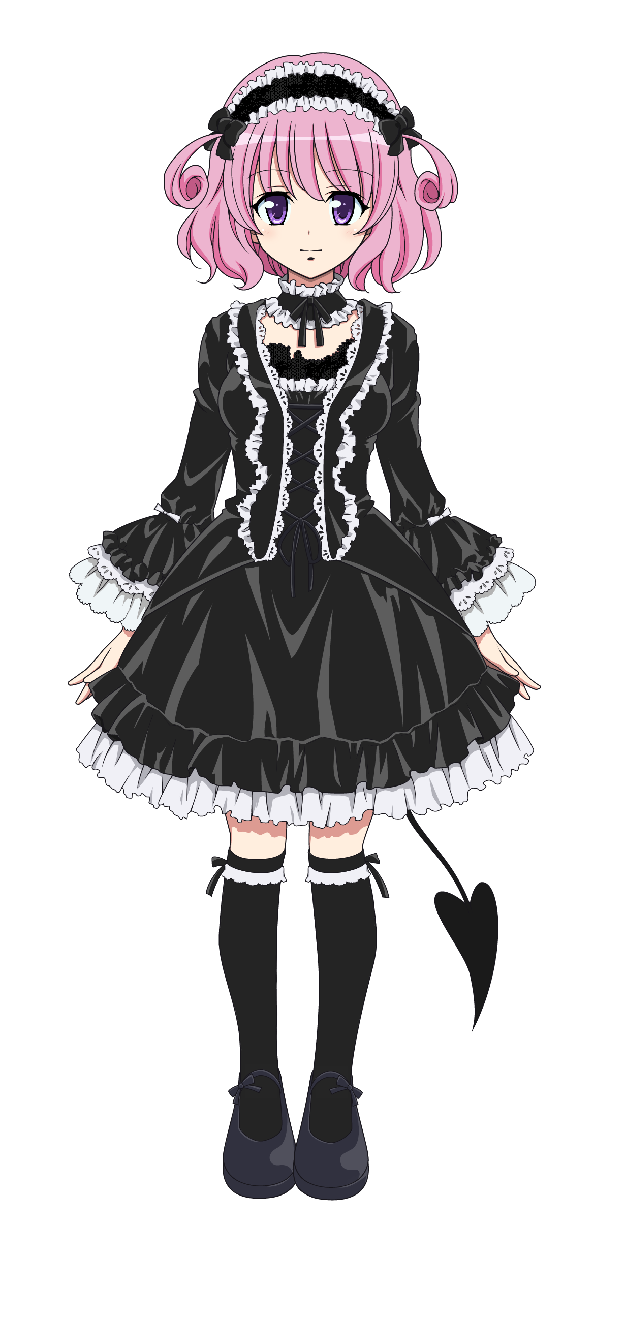 yabuki kentarou, momo velia deviluke, to love-ru, absurdres, colorized, highres, 00s, 1girl, black dress, dress, female focus, frills, full body, gothic lolita, lolita fashion, mary janes, pink hair, purple eyes, shoes, short hair, solo, thighhighs, transparent background, twintails