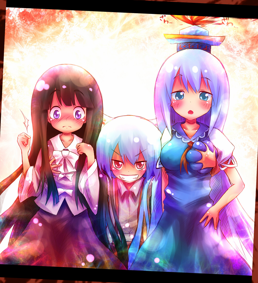 ayakashi (monkeypanch), fujiwara no mokou, houraisan kaguya, kamishirasawa keine, touhou, silver hair, bad id, bad pixiv id, 3girls, black hair, blue eyes, blue hair, blush, breasts, deep skin, female focus, flat chest, flat chest grab, grabbing another's breast, grin, groping, hat, long hair, multiple girls, pimp, red eyes, smile, suspenders