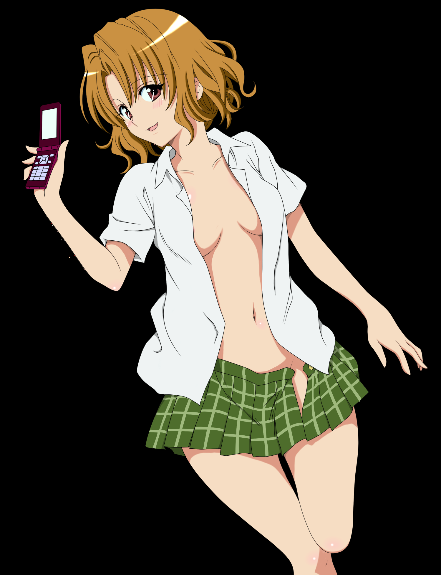 yabuki kentarou, momioka risa, to love-ru, highres, 00s, 1girl, blush, breasts, brown eyes, brown hair, cellphone, cleavage, female focus, lying, navel, no bra, no panties, open clothes, open shirt, phone, plaid clothes, plaid skirt, school uniform, shirt, short hair, skirt, solo, undressing