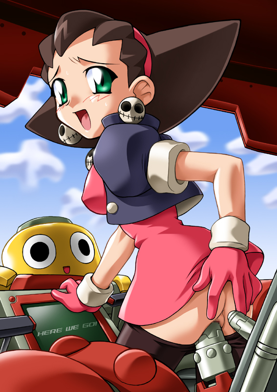 servbot (mega man), tron bonne (mega man), capcom, mega man (series), mega man legends (series), 1girl, ass, brown hair, censored, earrings, female focus, gloves, hair slicked back, hairband, jewelry, pantyhose, pink hairband, solo