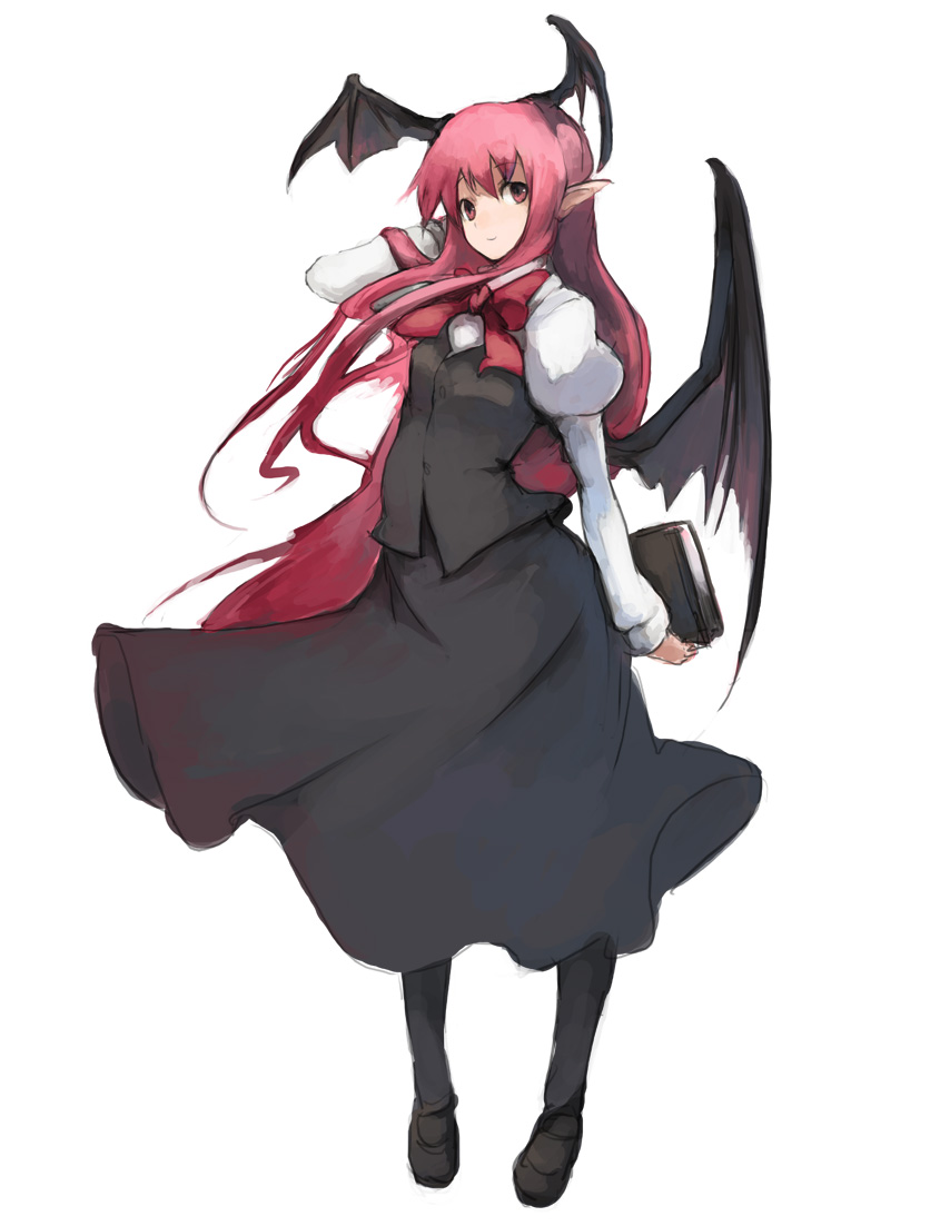kasa (hitori sanka), koakuma, embodiment of scarlet devil, touhou, bad id, bad pixiv id, 1girl, bat wings, book, bow, bowtie, female focus, full body, hand in own hair, head wings, long hair, pantyhose, pointy ears, red eyes, red hair, simple background, smile, solo, standing, white background, wings
